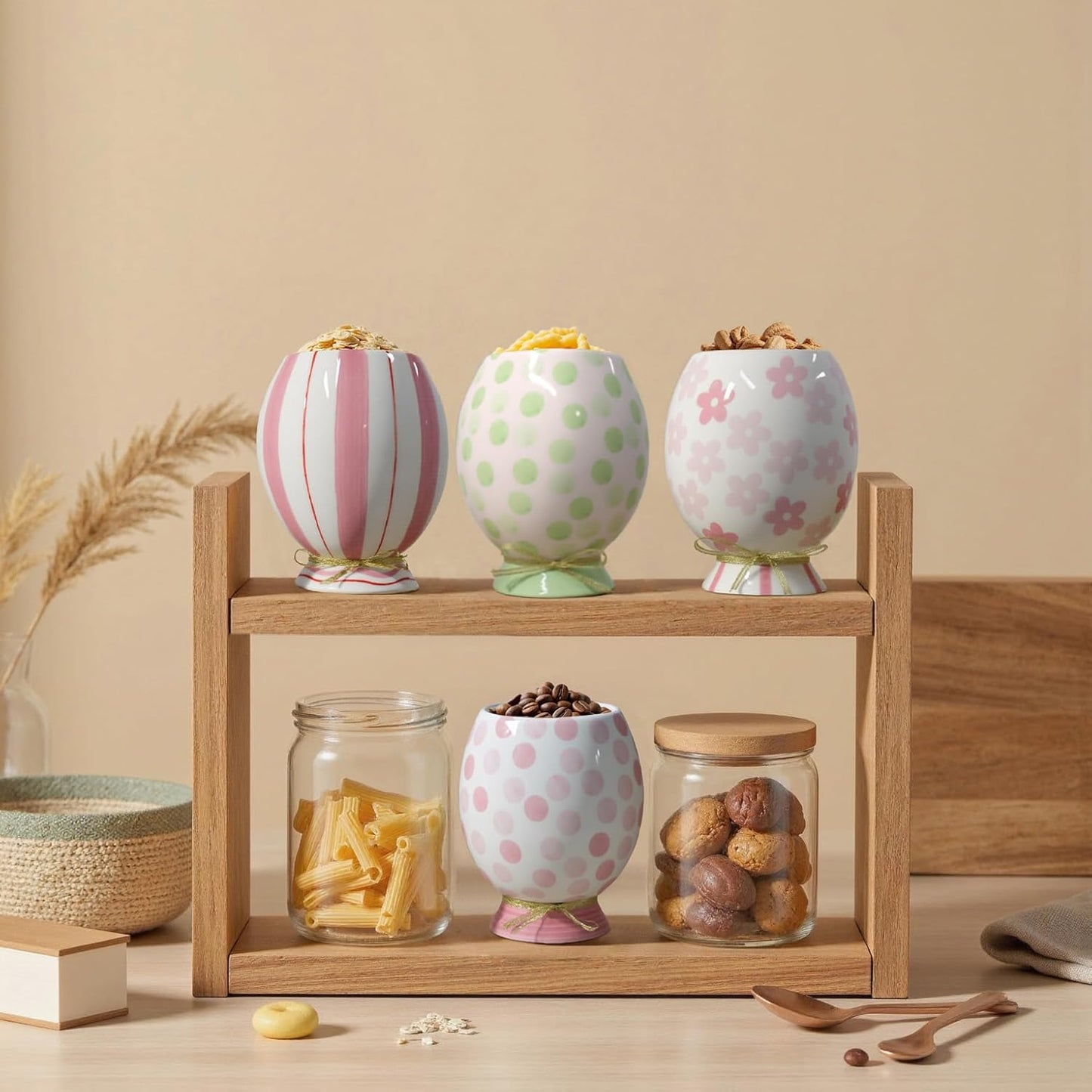 Cute Storage Jars with Airtight Lid, Funny Candy Shape Ceramic Food Container, Cookie Canister for Coffee Bean, Sugar, Tea, Spices, Cereal, Nuts, Dog Treat-700 ml / 23.7 oz(Pink Dots)