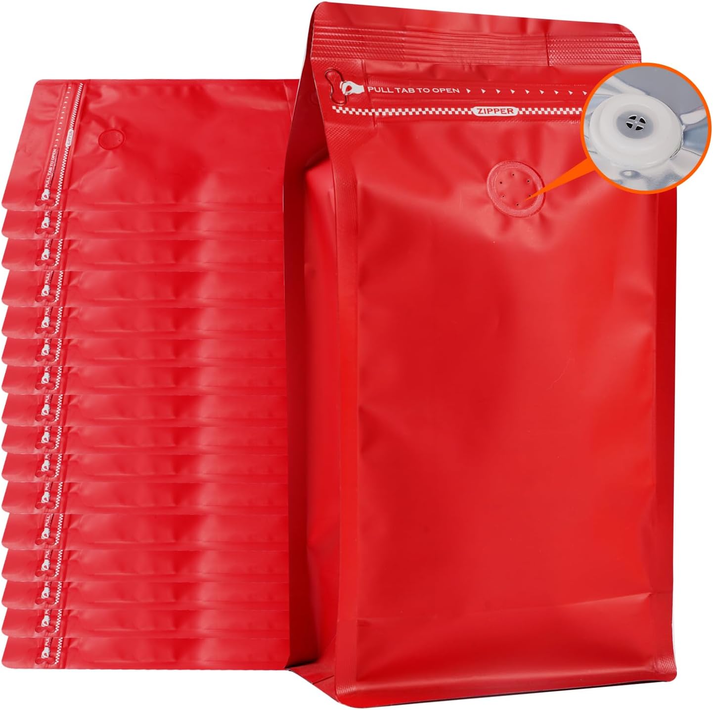 Coffee Bags with Valve (50 PCS,16oz/1lb) Red High Barrier Aluminum Foil Flat Bottom Standing Coffee Beans Storage Packaging Bags, Reusable Heat Seal Side Zipper Pouches for Small Business and Home