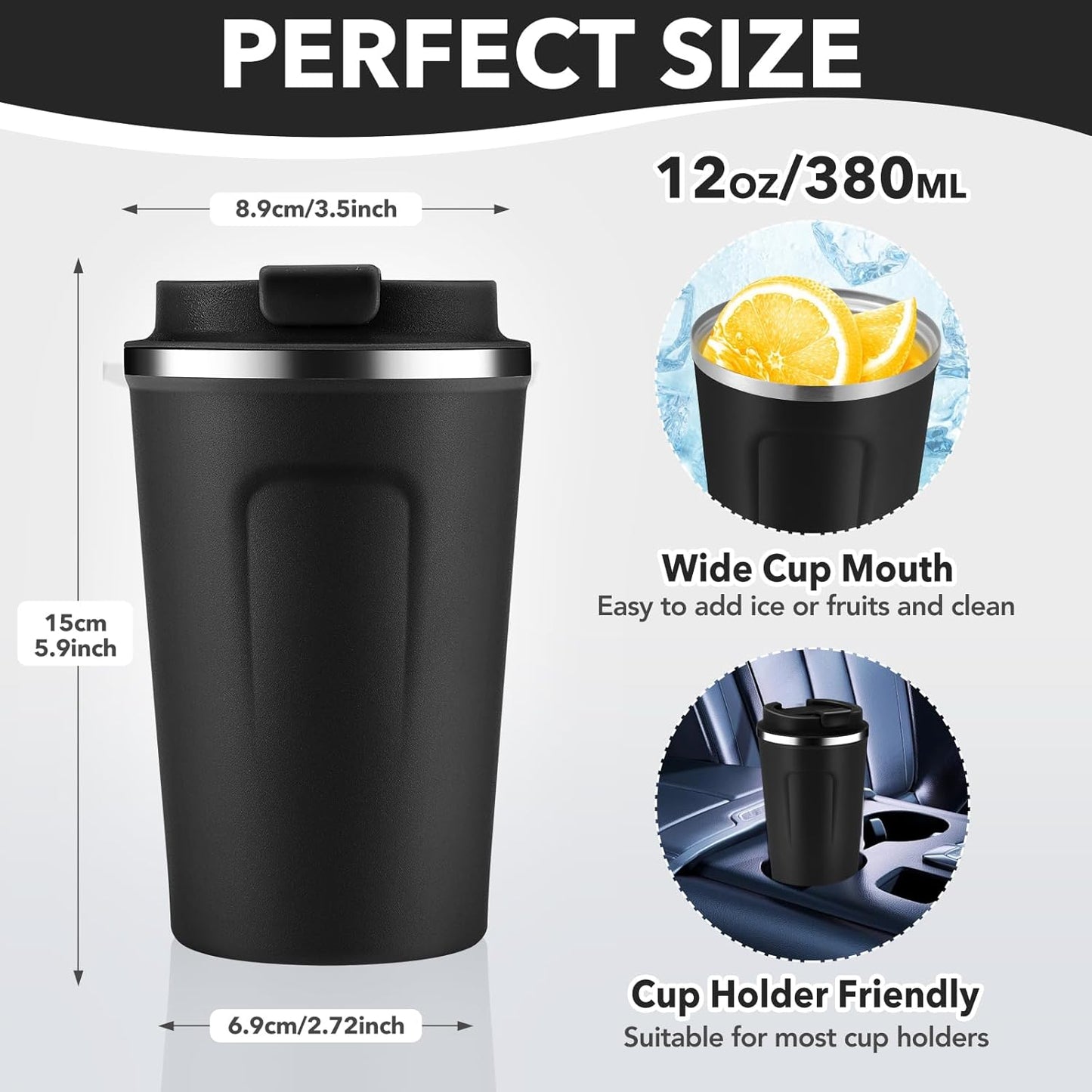 Volhoply 12 oz Double Wall Insulated Vacuum Travel Coffee Mug with Flip Lid Bulk 4 Pack,Reusable Stainless Steel Leak Proof Coffee Cups,Portable Cafe Thermal Tumbler for Hot & Cold Drinks(Black,4 Set)