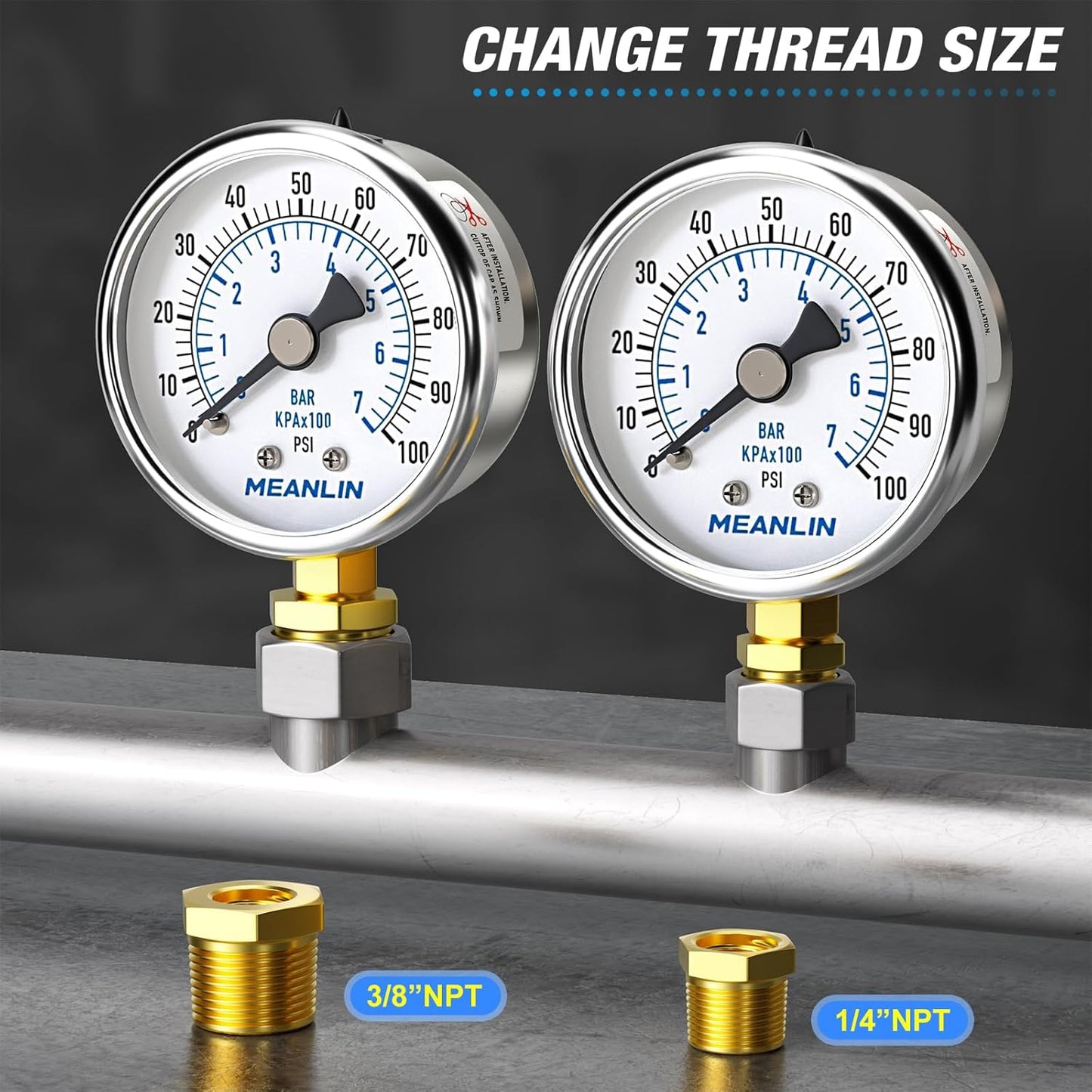 MEANLIN MEASURE 0~100Psi Dry Pressure Gauge Stainless Steel 1/8" NPT 2" FACE DIAL Waterproof for Well Pump Water Tire Water Pressure Tester Lower Mount with 1/4" NPT and 3/8" NPT Hex Bushing