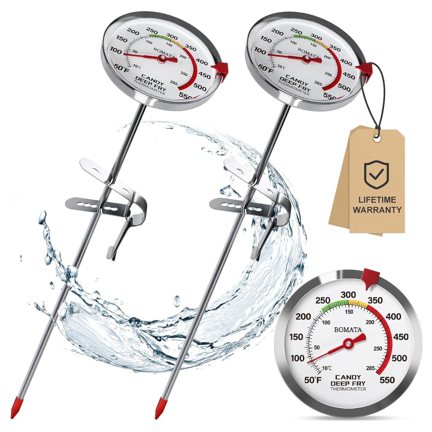 BOMATA 2-Pack Waterproof IP67 Candy Thermometers with Pot Clip, Deep Fry Oil Thermometer with Upgraded 2.5in Large Display for Cooking, Food, Turkey, BBQ, Grill... Mth400 Silver & Gray