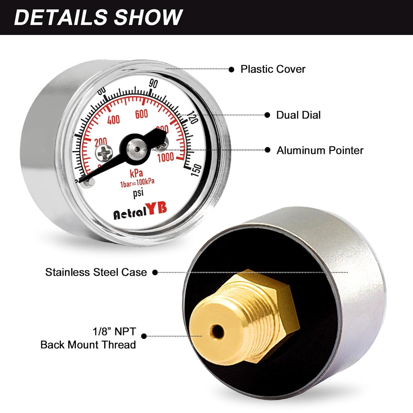 Mini 1 Inch Pressure Gauge, 0-150Psi/Kpa Dry Pressure Gauge, 1" Dial Size, 1/8 Npt Back Mount, Stainless Steel Case, for Water, Air,Oil Pressure Test