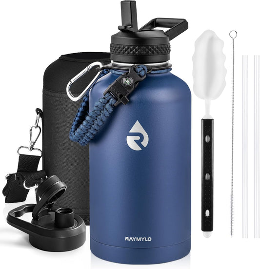 Insulated Water Bottle 64 oz, Triple Wall Vacuum Stainless Steel (Cold for 48 Hrs), Leak Proof & Non-BPA, Half Gallon Water Flask Jug with Paracord Handle & Straw Spout Lids, Navy Blue