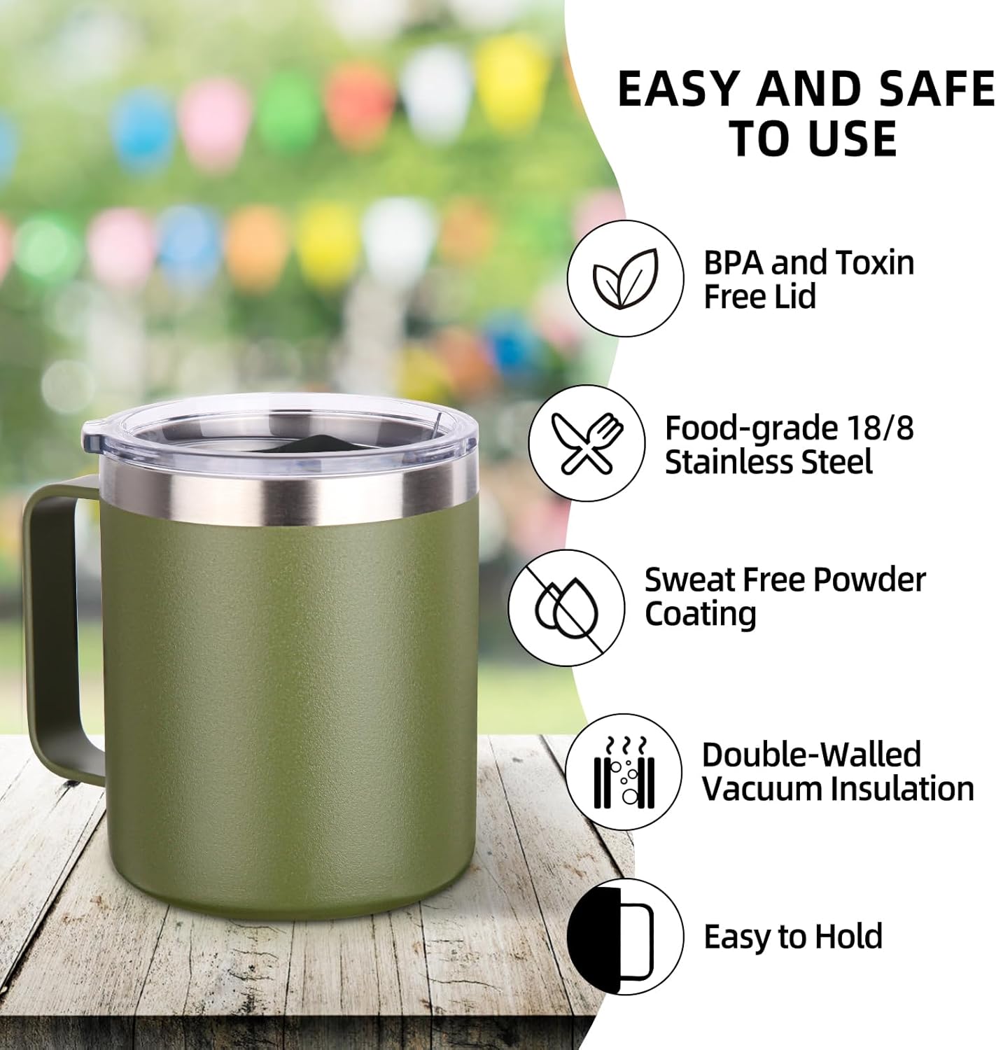 Volhoply 14oz Insulated Stainless Steel Coffee Mug with Lid Bulk 8 Pack,Double Wall Vacuum Travel Coffee Cup with Handle,Reusable Cups Tumbler,Camping Mugs Keep Hot, Ideal Gifts(Army Green,8)