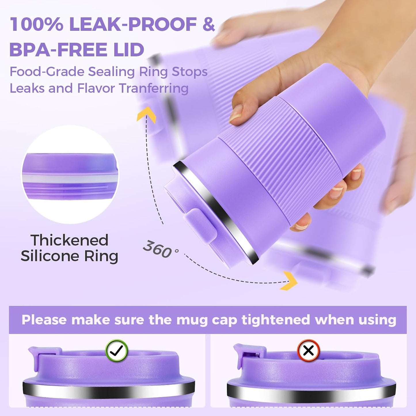 Volhoply 13 oz Stainless Steel Insulated Travel Coffee Mug with Fip Lid,Reusable Double Wall Vacuum Metal Coffee Cup,Portable to Go Leak Proof Cafe Thermal Tumbler for Hot & Cold Drinks(Purple,1)