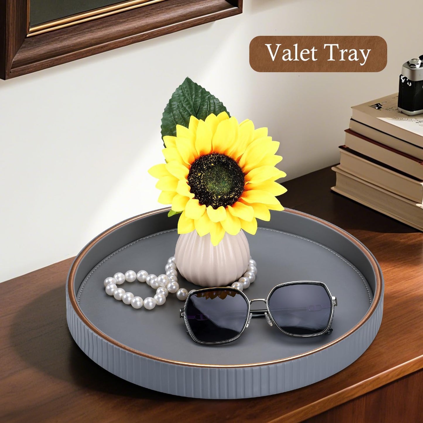 GORESE Round Coffee Table Tray for Home Decor, 12" PU Leather Decorative Serving Trays Table Centerpiece for Kitchen Island, Perfume Trinket Trays for Dresser, Ottoman Tray Nightstand Organizer, Gray