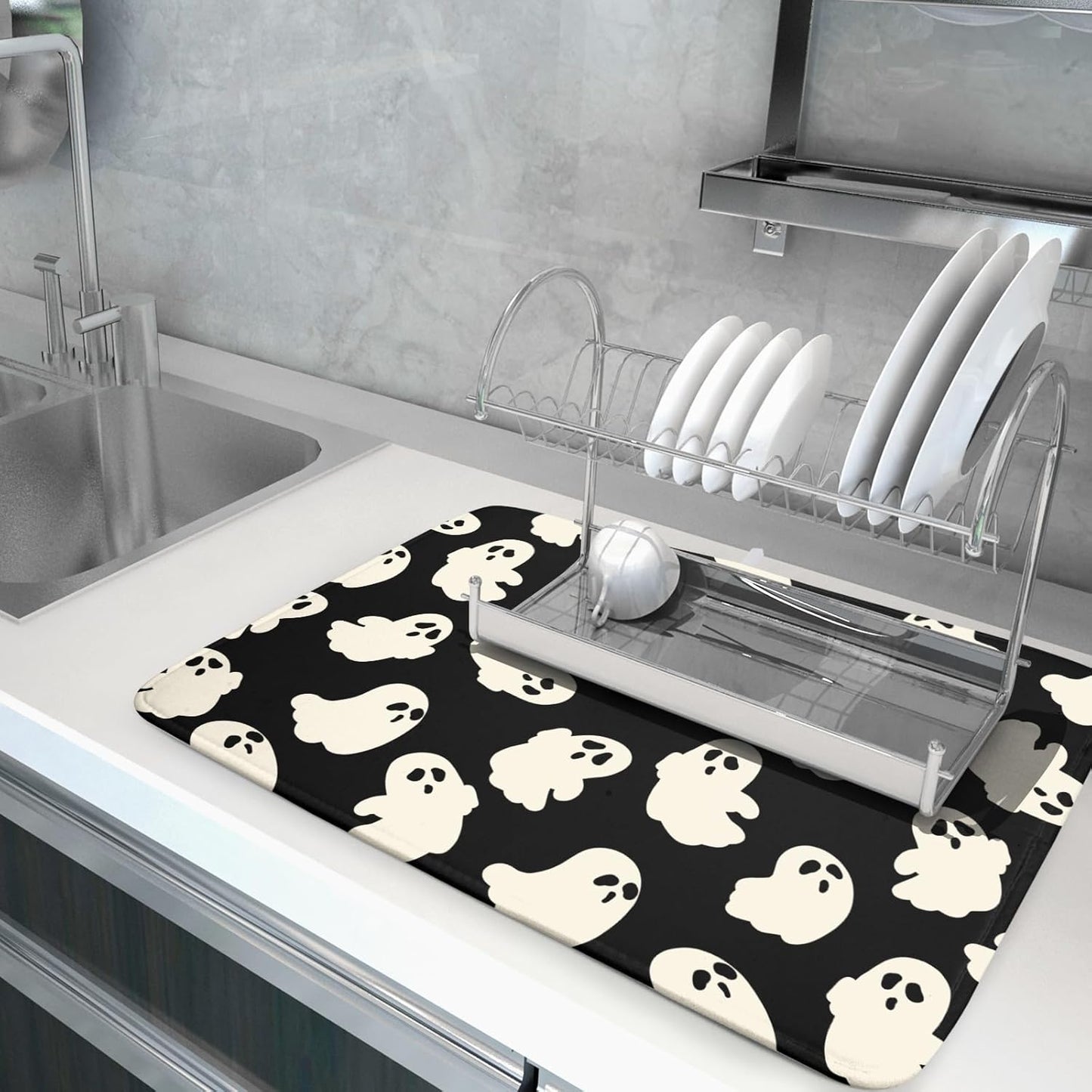 Halloween Ghost Dish Drying Mat 16X18 Inch Spooky Halloween Drying Mat for Kitchen Counter Black White Absorbent Microfiber Reversible Dishes Pad Dish Drainer Mat for Halloween Kitchen Accessories