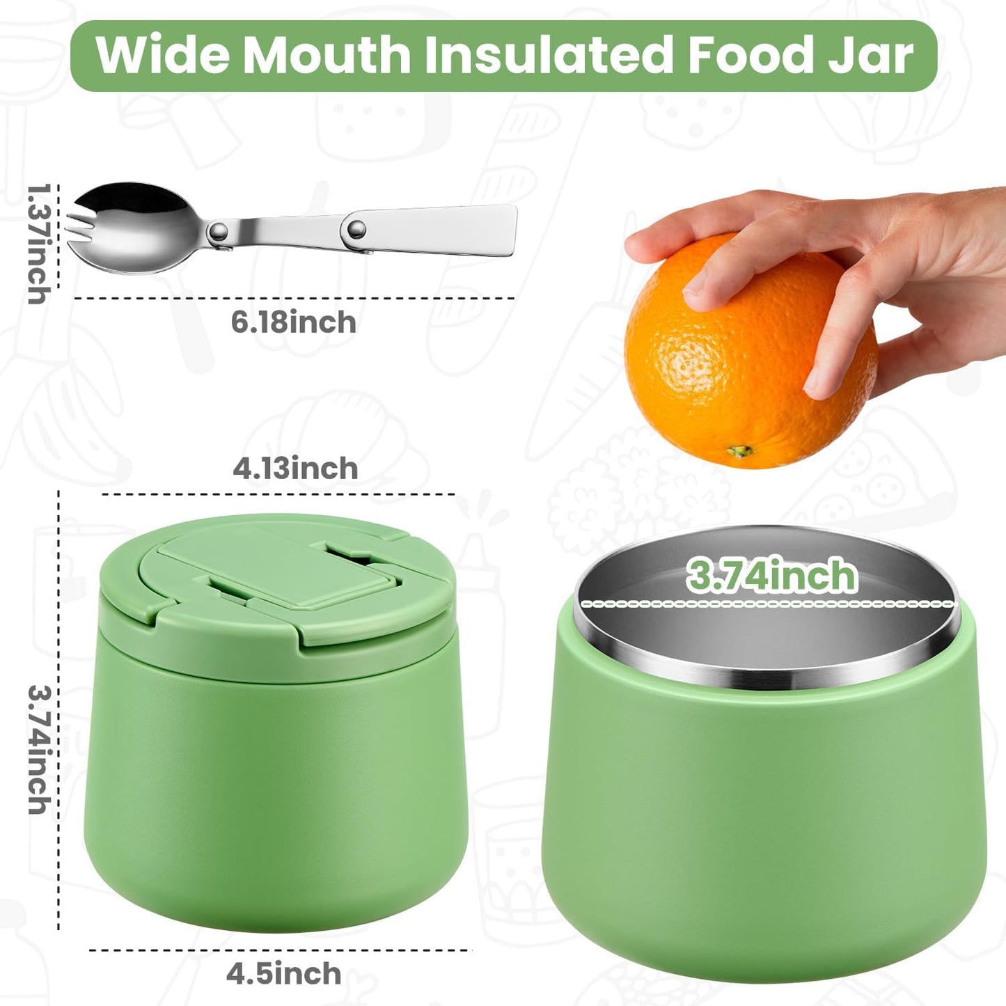 14oz Insulated Vacuum Food Jar with Buckle Lid,Soup Thermo for Hot Food Kids,Wide Mouth Leakproof Stainless Steel Lunch Container with Spoon-Green
