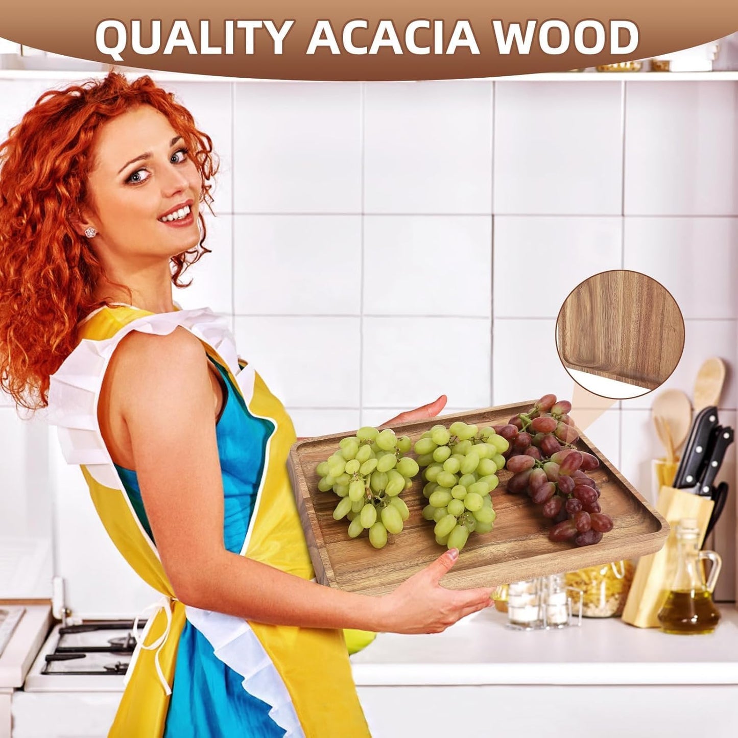 2pcs 15"x10" Large Solid Acacia Wood Serving Trays Rectangular Wooden Serving Platters Natural Wooden Boards for Bar Coffee Party（Wood Log Color）