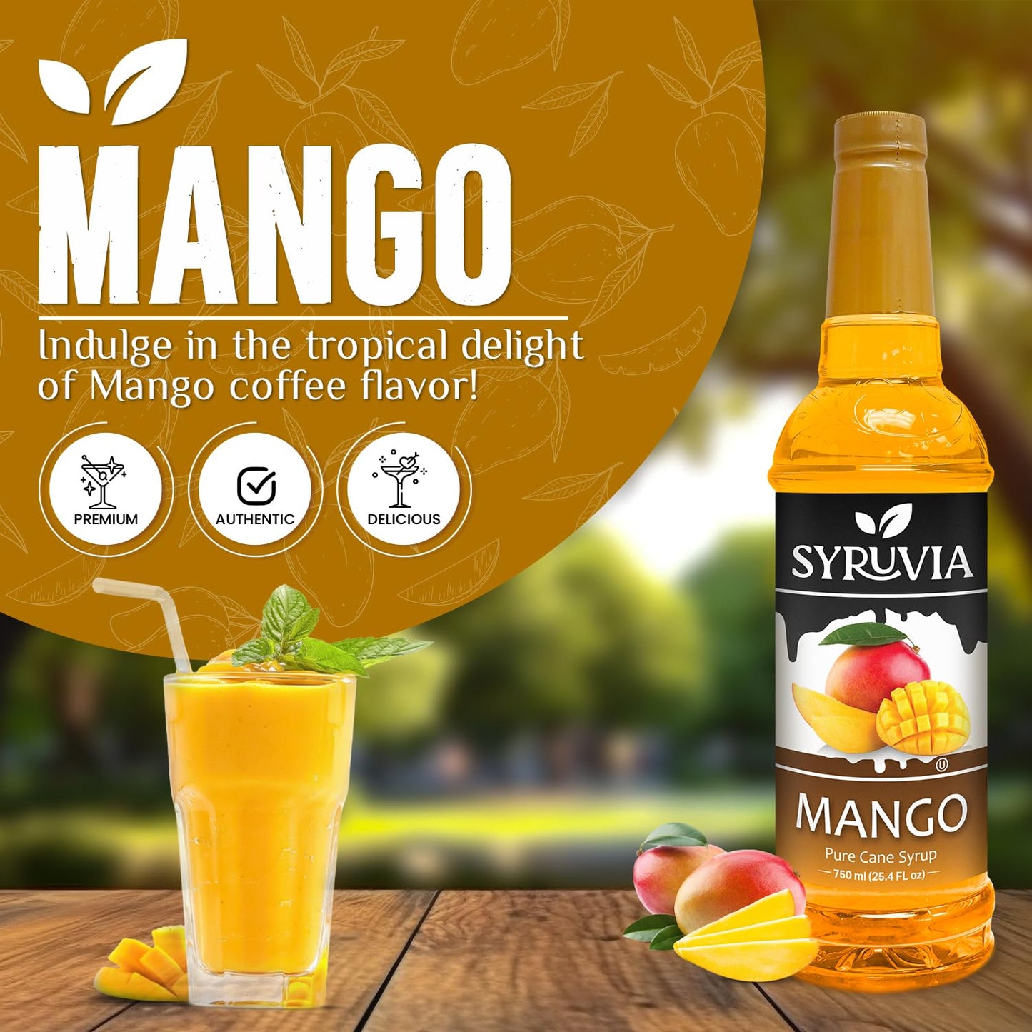 Syruvia Mango Syrup - Premium Flavoring Syrup for Tea, Italian Sodas, Beverages, Desserts, Ice Cream, Cocktails & Mocktails - Kosher, Gluten Free - 25.4 fl oz.