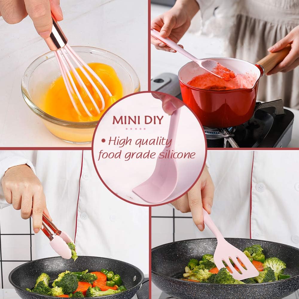 Rose Gold And Pink Kitchen Utensil Small Five-Piece Set Mini Silicone Kids Kitchen Tools Whisk Spatula Tongs Spoon And Slotted Spatula(Kids Baking Supplies)