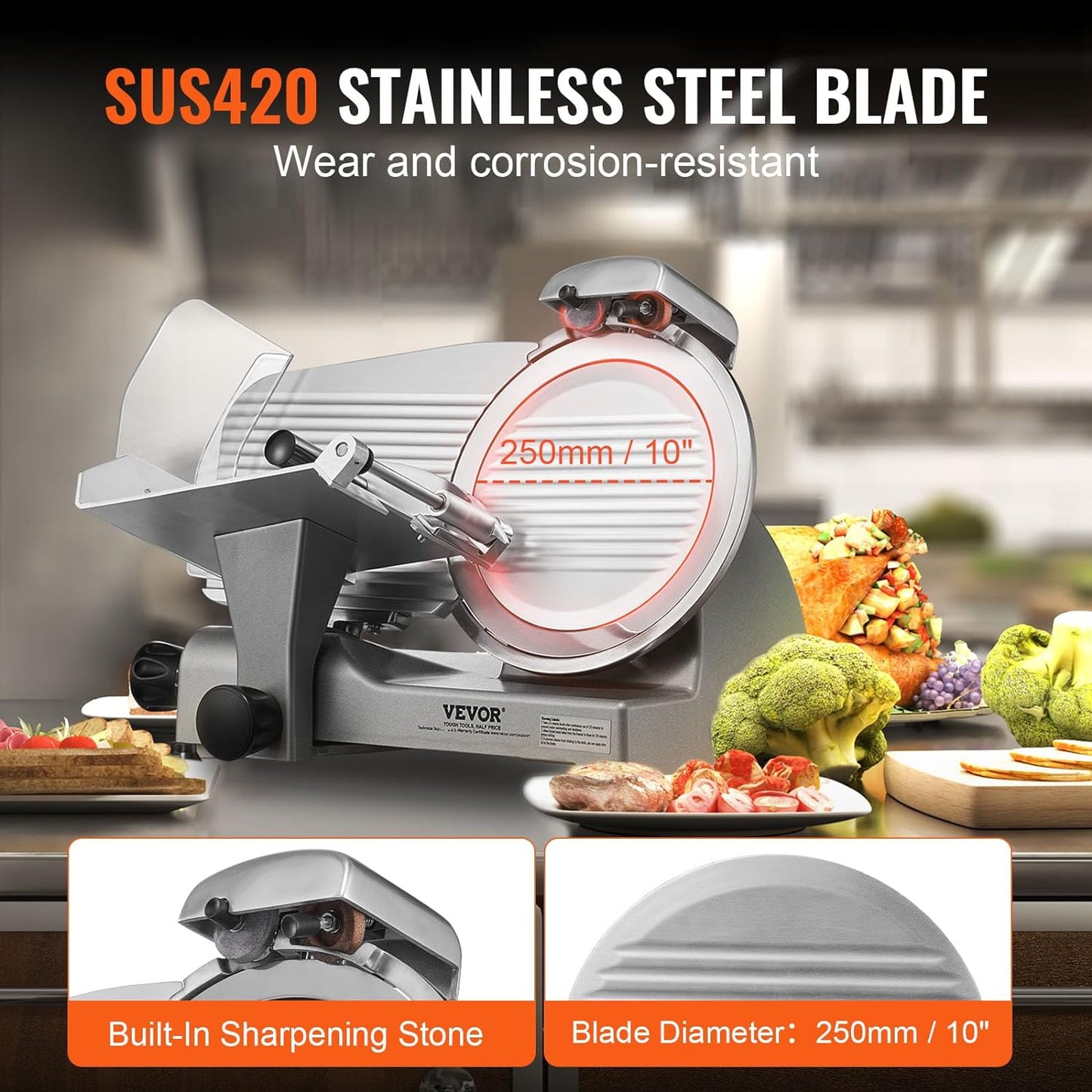 Meat Slicer, 340W Electric Deli Food Slicer with 10" SUS420 Stainless Steel Blade and Built-in Sharpening Stone, 0-0.6 inch Adjustable Thickness for Commercial and Home Use, Cut Meat and Cheese