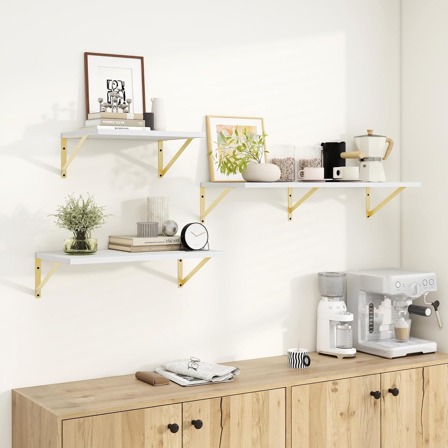 Dreamland Gold Floating Shelves for Wall, Gold Wall Shelf, Large Floating Shelf 12 * 16 inch Set of 2 for Bookshelf Living Room Bedroom Home Office Bathroom
