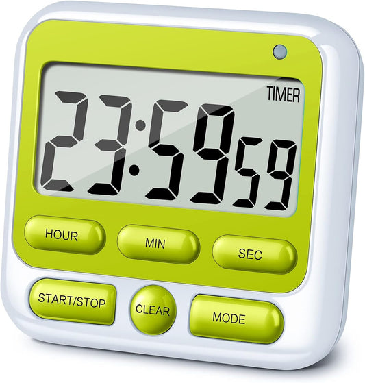 KTKUDY Digital Kitchen Timer with Mute/Loud Alarm Switch ON/Off Switch, 12 Hour Clock & Alarm, Memory Function Count Up & Count Down for Kids Teachers Cooking, Large LCD Display, Strong Magnet (Green)