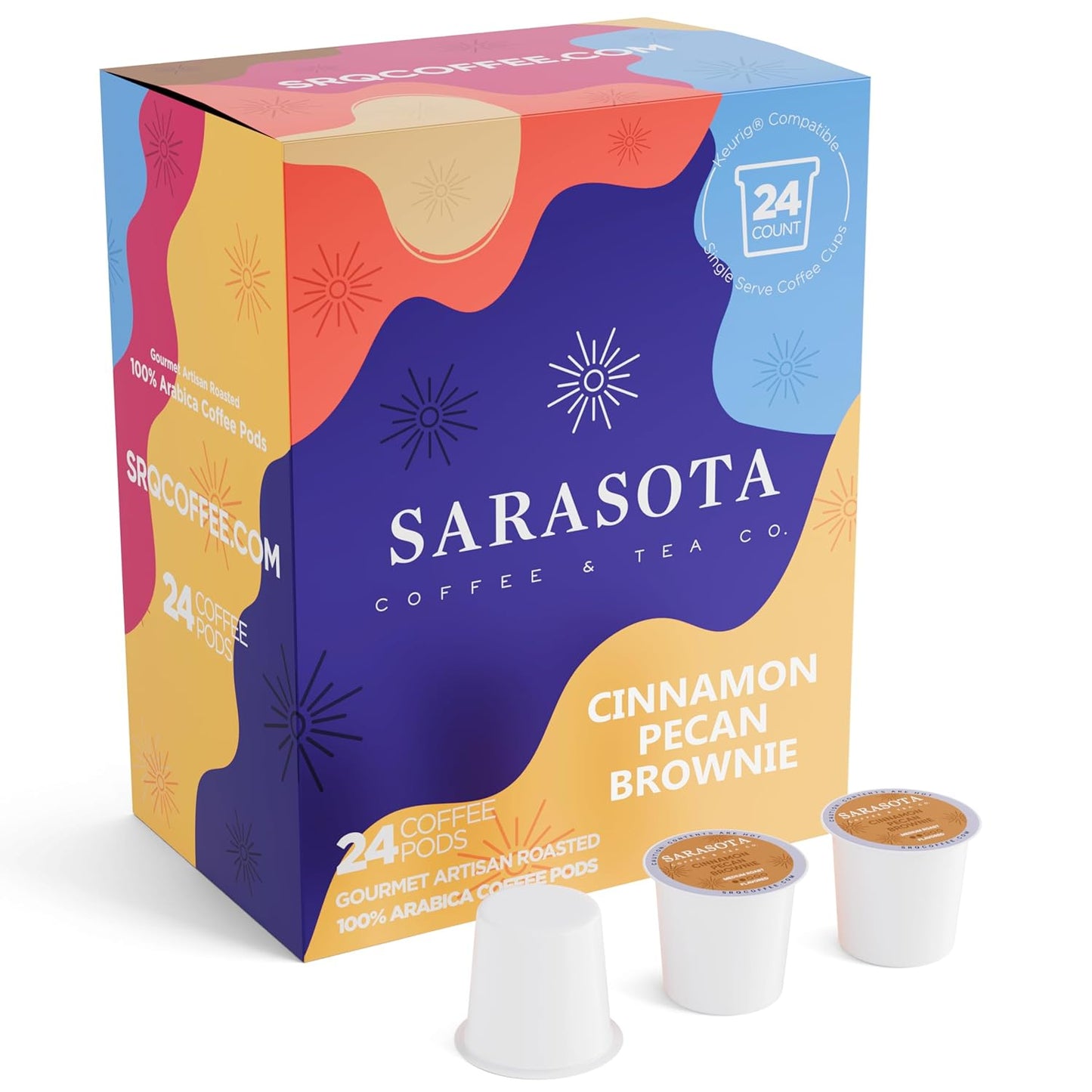Sarasota K-Cup Coffee Pods | Medium Roast Flavored Coffee | Cinnamon Pecan Brownie | Single Serve for Keurig Brewers | Gourmet, Low Acid, Mold Free | 24 Count