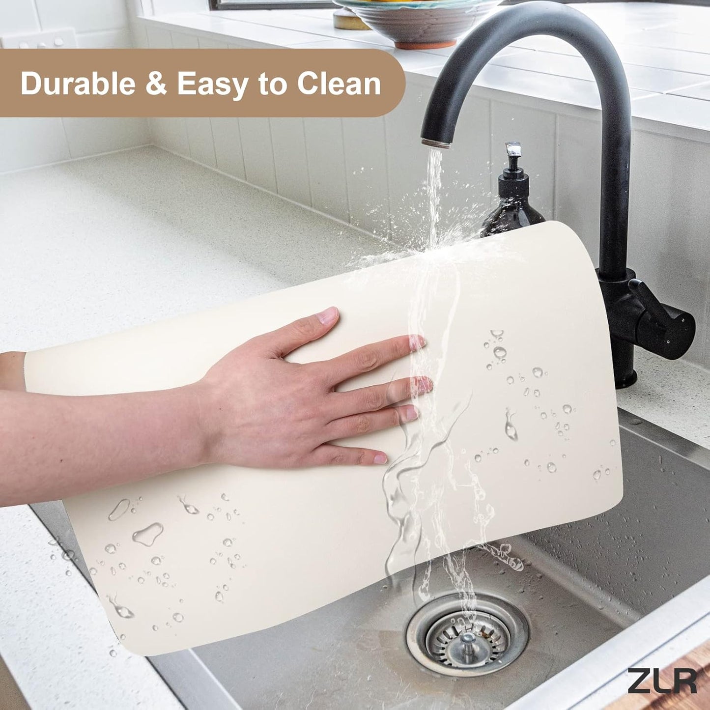 ZLR Coffee Mat - 12" x 16" Small Kitchen Hide Stain Absorbent Dish Drying Mat for Countertop - Easy to Clean Coffee Bar Mat for Espresso Machine and Spill Protection - Creamy