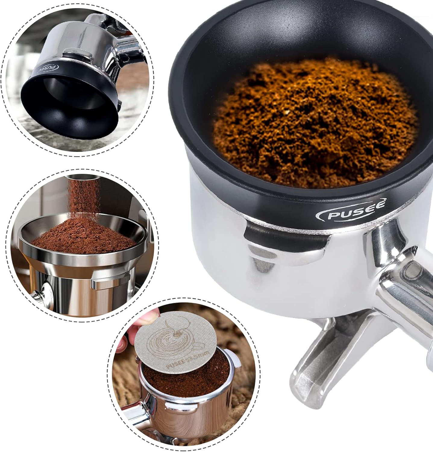 58mm Espresso Dosing Funnel & 58.5mm Puck Screen,PUSEE Coffee Dosing Ring Aluminum Metal,Reusable 1.7mm Thickness 150μm Espresso Puck Screen 316 Stainless Steel Fits 58mm Portafilter