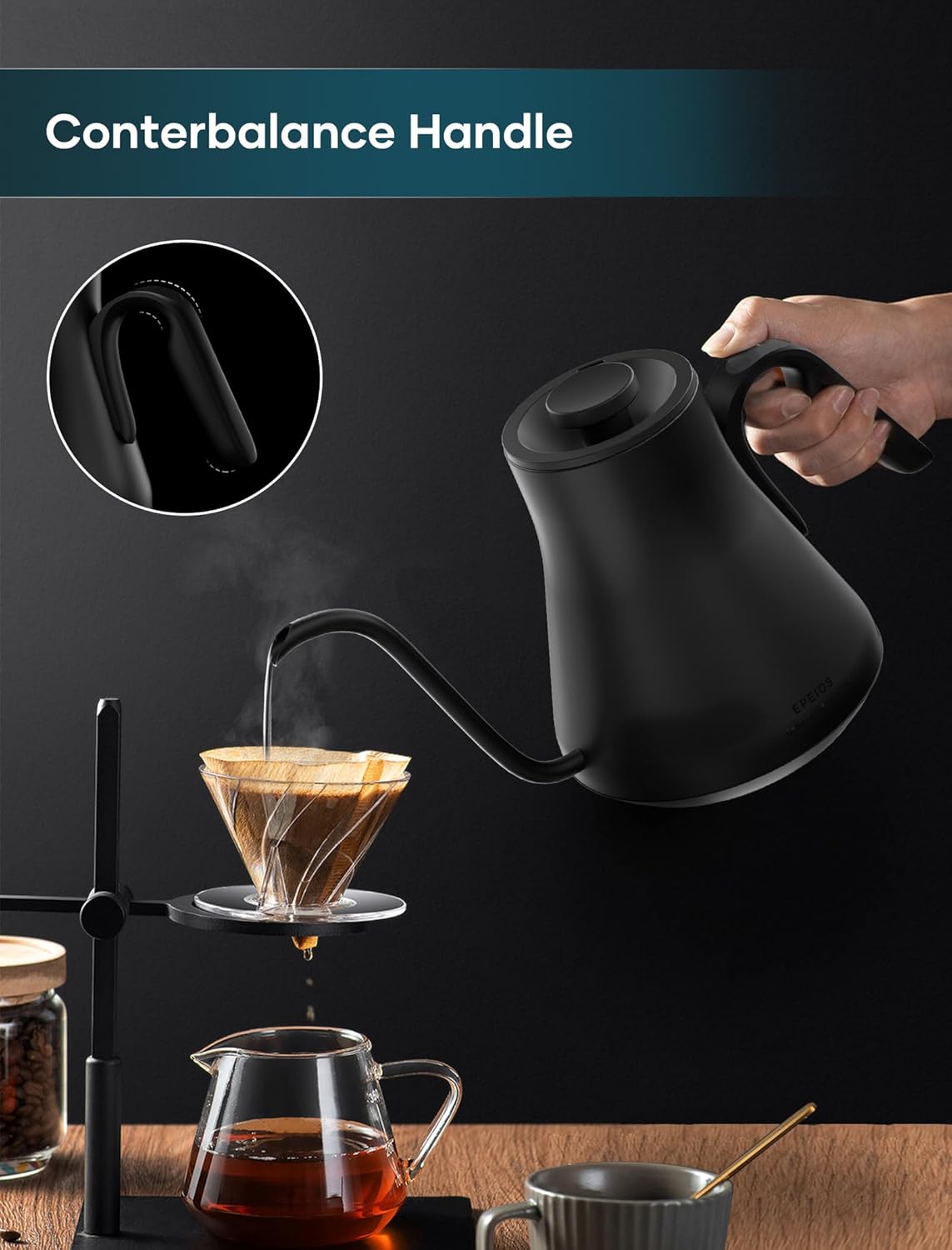 Electric Kettles, Gooseneck Electric Kettle, ±1℉ Temperature Control, Stainless Steel Inner, Quick Heating for Pour Over Coffee, Brew Tea, Boil Hot Water, 1500W/0.9L (Ebony Black)
