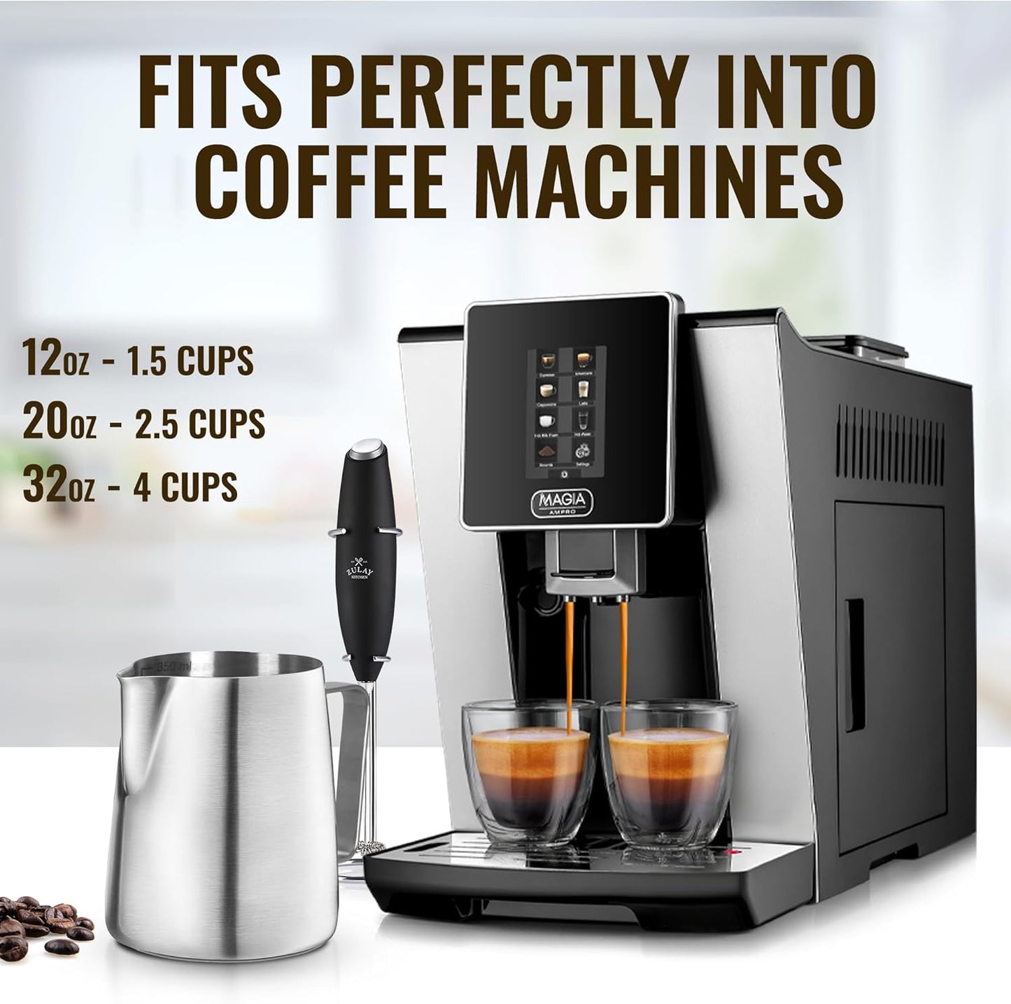 Zulay Milk Frothing Pitcher with Latte Art Pen – 12oz 20oz 32oz - Stainless Steel Frother Cup with Measurement Markings, Espresso & Coffee Accessories Creamer Jug with Laser-Welded Handle - 12 oz