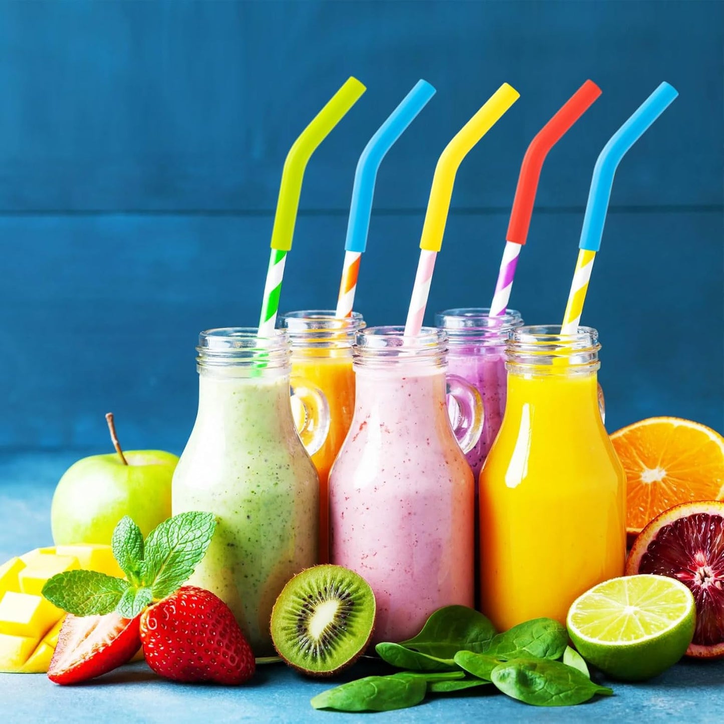 6pcs Food-Grade Silicone Metal Straw Tips, Reusable Flex Elbow Straws Cover Replacement Tips, Soft Straw Toppers Kits for 8 mm Stainless Steel Metal Straws - 6 Colors