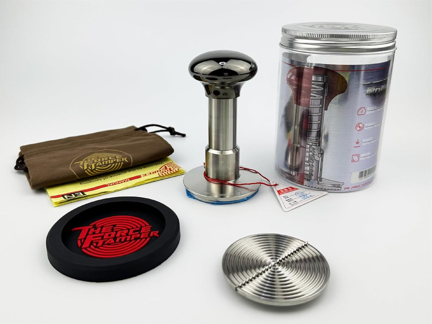 The Force Tamper Automatic Impact Adjustable Constant Pressure and Autoleveling Coffee Tamper Black Mirror Jellyfish AL Handle Set Pro (Ripple-Distribute, 53.50mm)