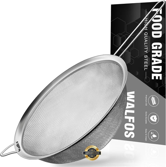 Walfos 9 Inch Large Fine Mesh Strainer, Kitchen Metal Food Strainers with Sturdy Handle, Stainless Steel 30 Mesh Sieve Sifters for Rice, Quinoa, Pasta, Fruits, Vegetables, etc.