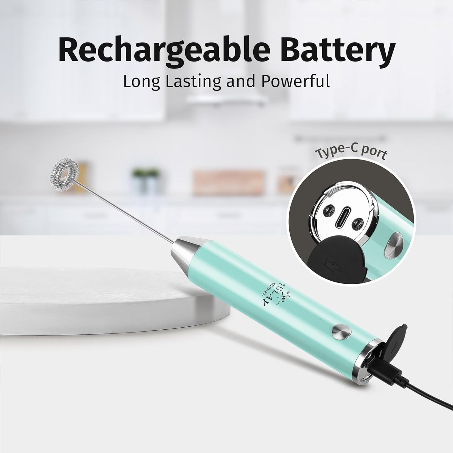 Zulay Kitchen Lux Rechargeable Milk Frother Handheld - Powerful 2-Speed Motor, Fully Waterproof, 2000mAh Battery - Drink Mixer For Latte, Cappuccino, Matcha, Protein Powder - Sky Blue