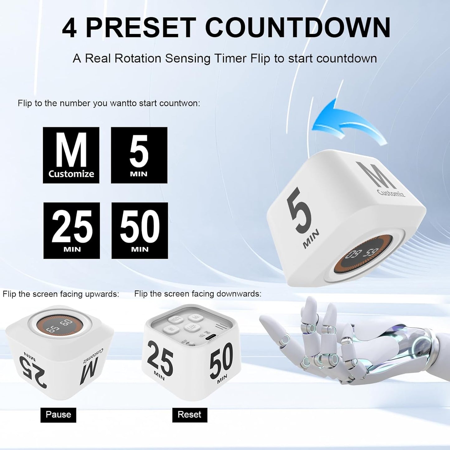 Rotating Cube Visual Timer 5, 25, 10, 50 Min Preset + Custom Countdown, Rechargeable Desk Productivity Flip Timer w/Silicone Case, Silent Mode, Ideal for ADHD Tool Study Work School (White)