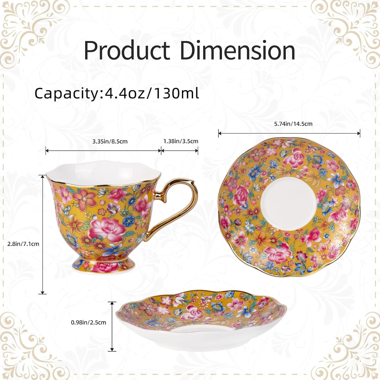 KAMMAK Tea Cups and Saucers Set of 2, Porcelain Coffee Cups with Saucer for Espresso, Cappuccino, 6.3oz Vintage Gold and Blue Ceramic Demitasse Mug for Home, Tea Party, Office