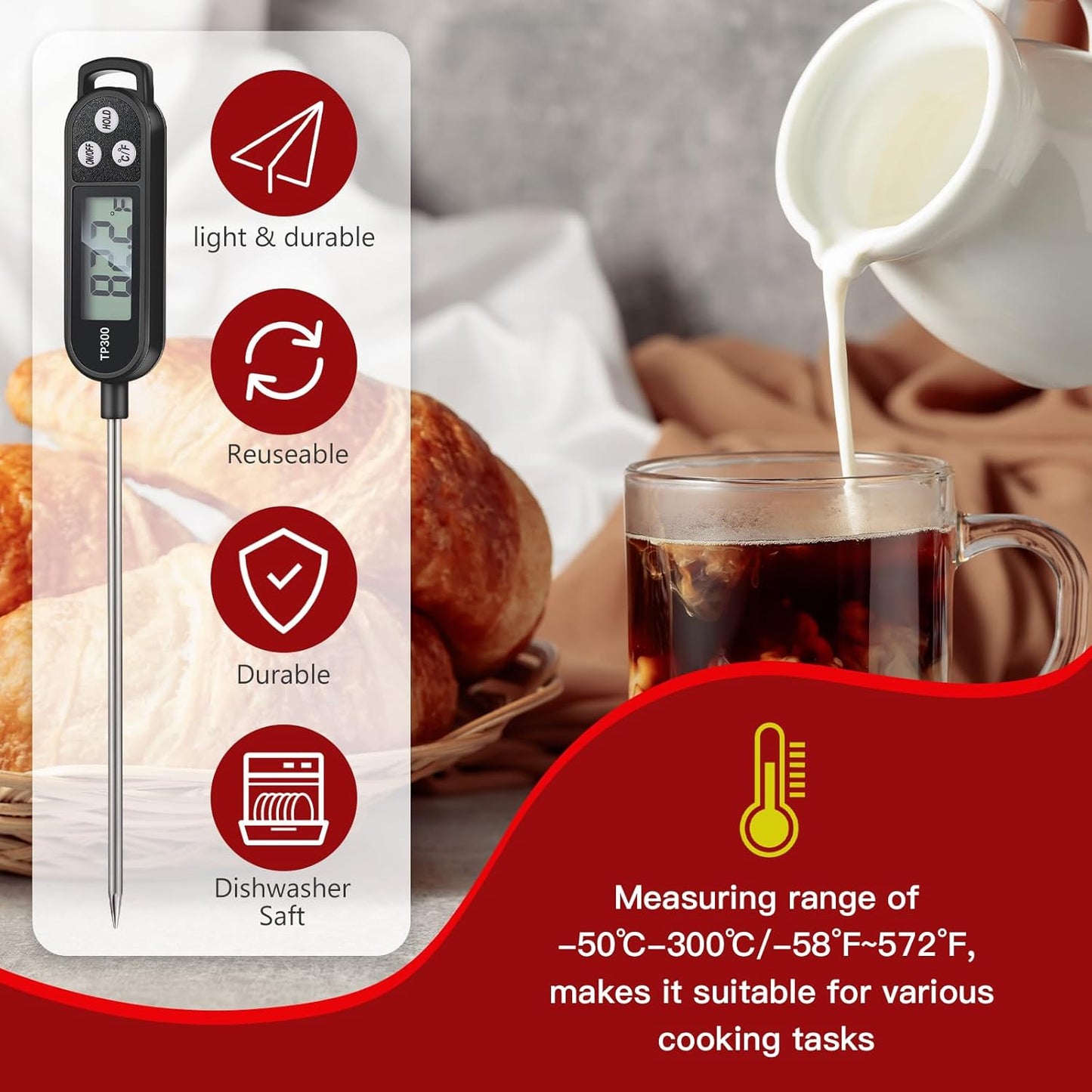 6 Pcs Meat Thermometer Food Thermometer with Probe Water Liquid Instant Read Digital Thermometer Cooking Thermometer Supplies BBQ Kitchen Thermometer for Cooking Milk Yogurt (Black)