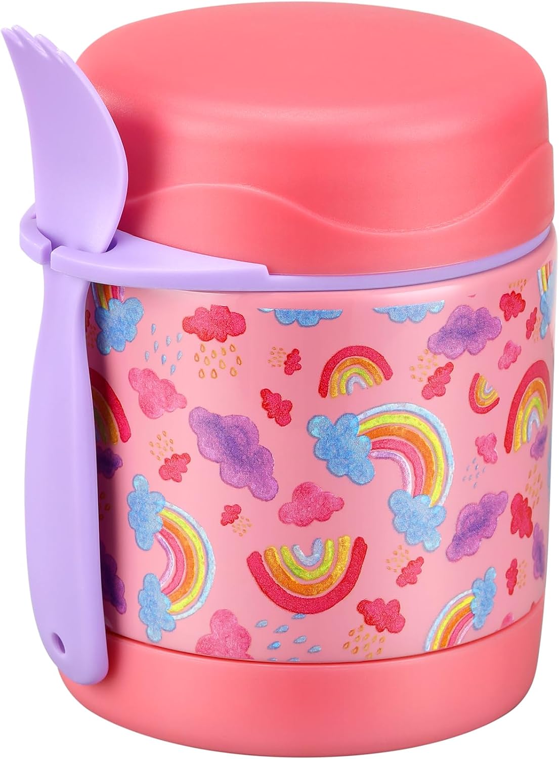10oz Soup Thermo for Hot Food Kids,Lunch Thermo Kids Food Jar with Spoon Hot Insulated Food Containers,Leak Proof Stainless Steel Wide Mouth Lunch Food Thermo Jar for School(Pink-Rainbow)