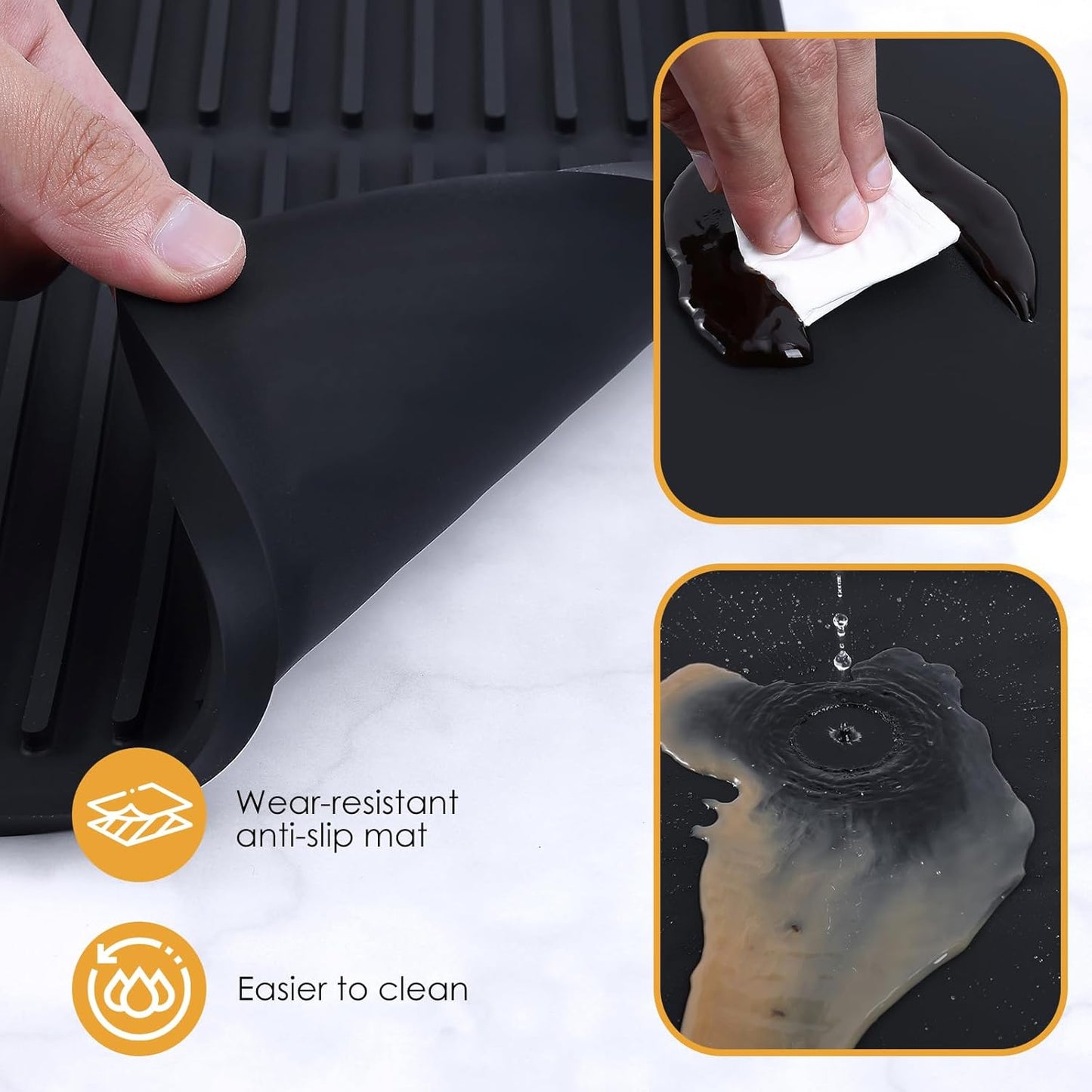 Silicone Coffee Mat with Raised Edges, 20'' X 12'', Bar Mat for Countertops, Fits Under Coffee Maker, Espresso Machine, Dish Drying Mat (BLACK)