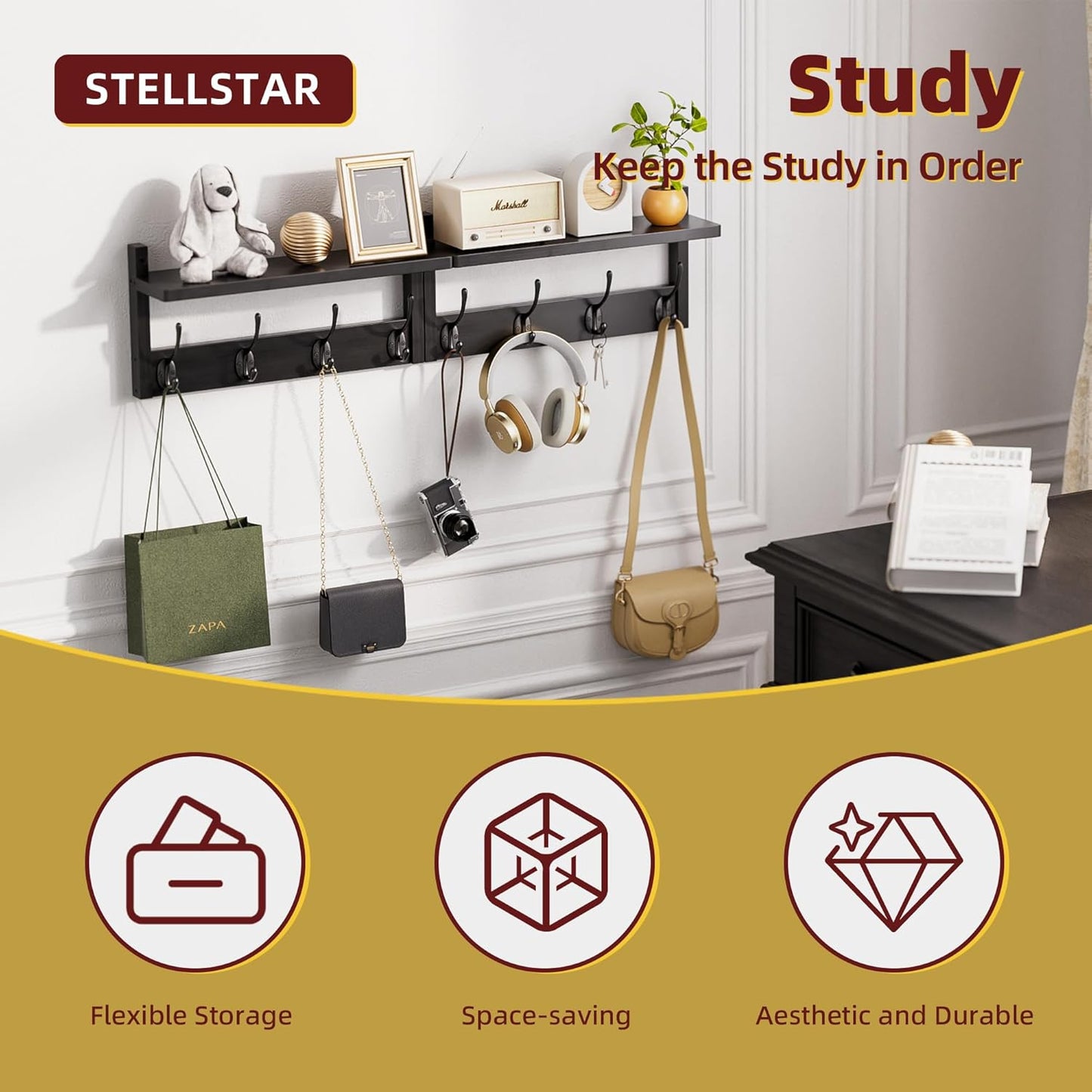 Coat Rack with Shelf, 2 Pack Bamboo Wall-Mounted Coat Hanger with 8 Hooks for Entryway, Hallway, Kitchen, Bathroom, Living Room, Utility Room (Black)