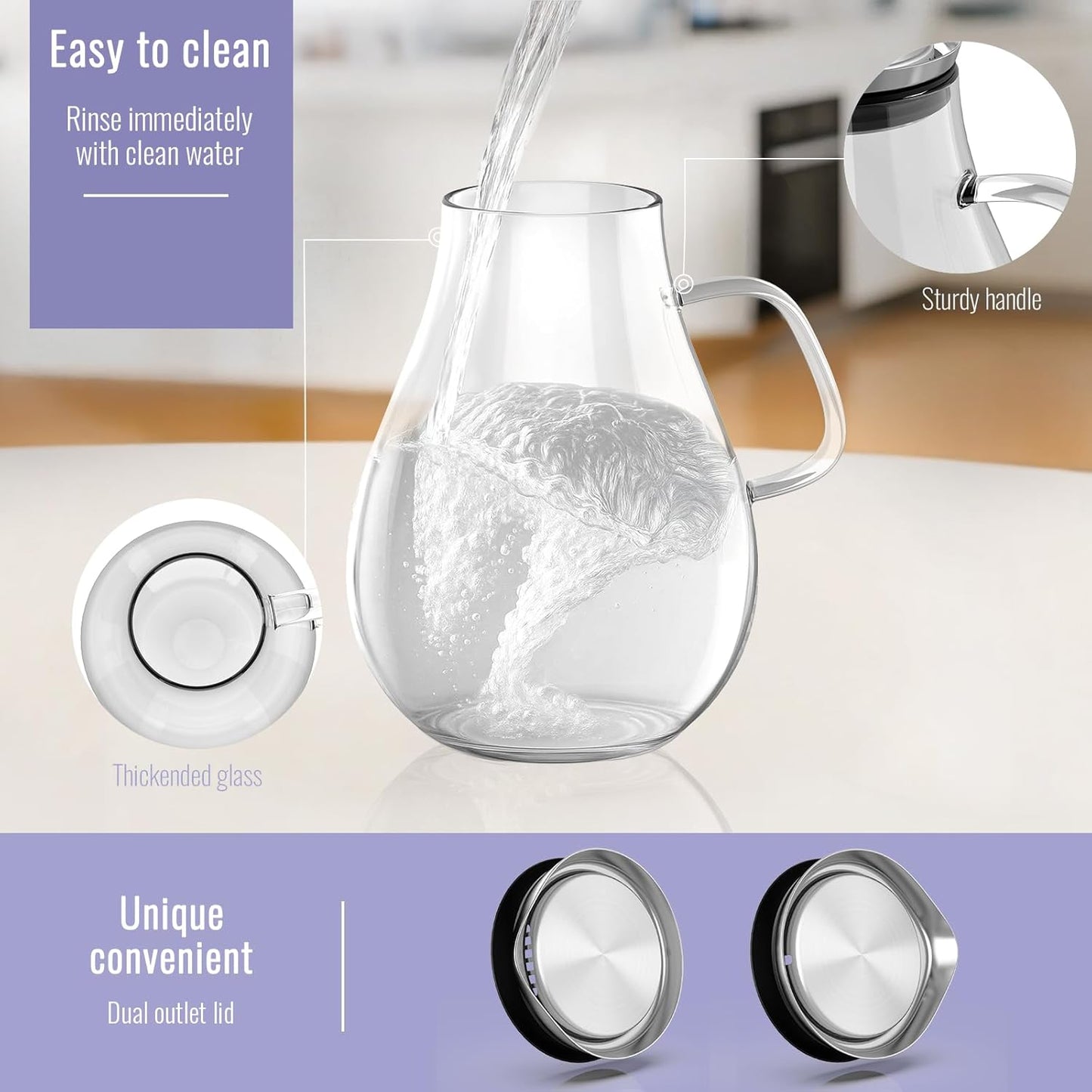 Glass Pitcher, 51 oz Glass Water Pitcher Jug Carafe, 0.4 Gallon Clear Tea Pitchers With Handle And Lid, Pitcher With Lid And Spout for Hot/Iced Water Milk Juice Coffee Fruit