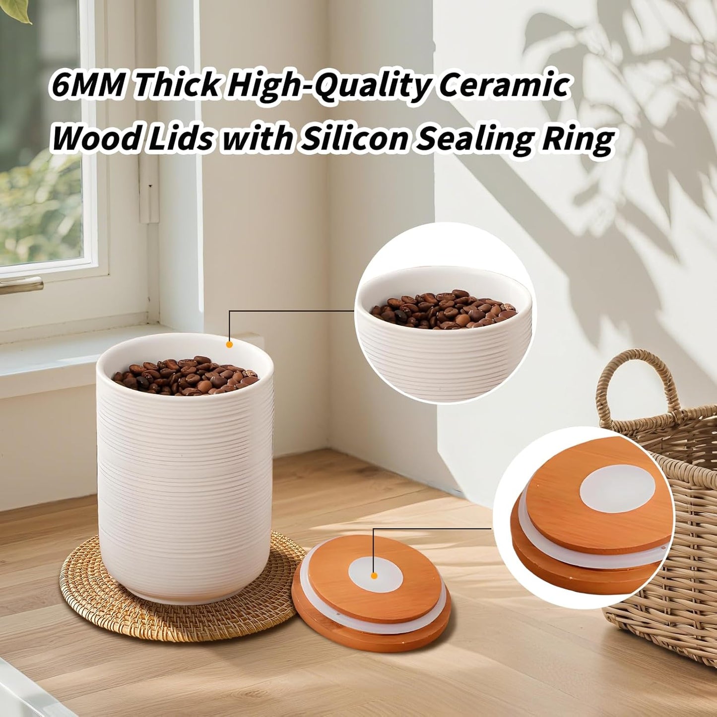 Food Storage Jar Strong Ceramic Storage Canisters with Airtight Wooden Lid,Kitchen Storage Containers for Serving Coffee Beans, Tea, Sugar, Salt, Spices (Little white)