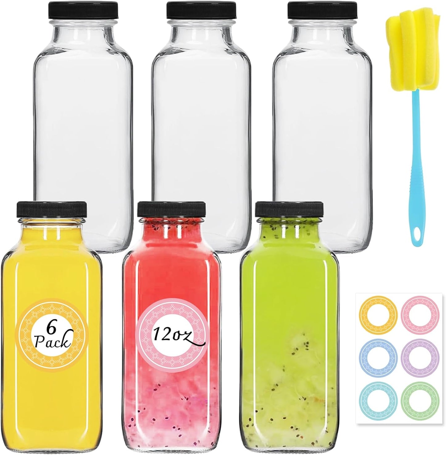 6 Pack 12oz Glass Water Bottles, 350ml Empty Glass Juice Bottles with Black Lids, Brush & Labels, Clear Reusable Drinking Jars for Juicing, Homemade Smoothies, Beverages