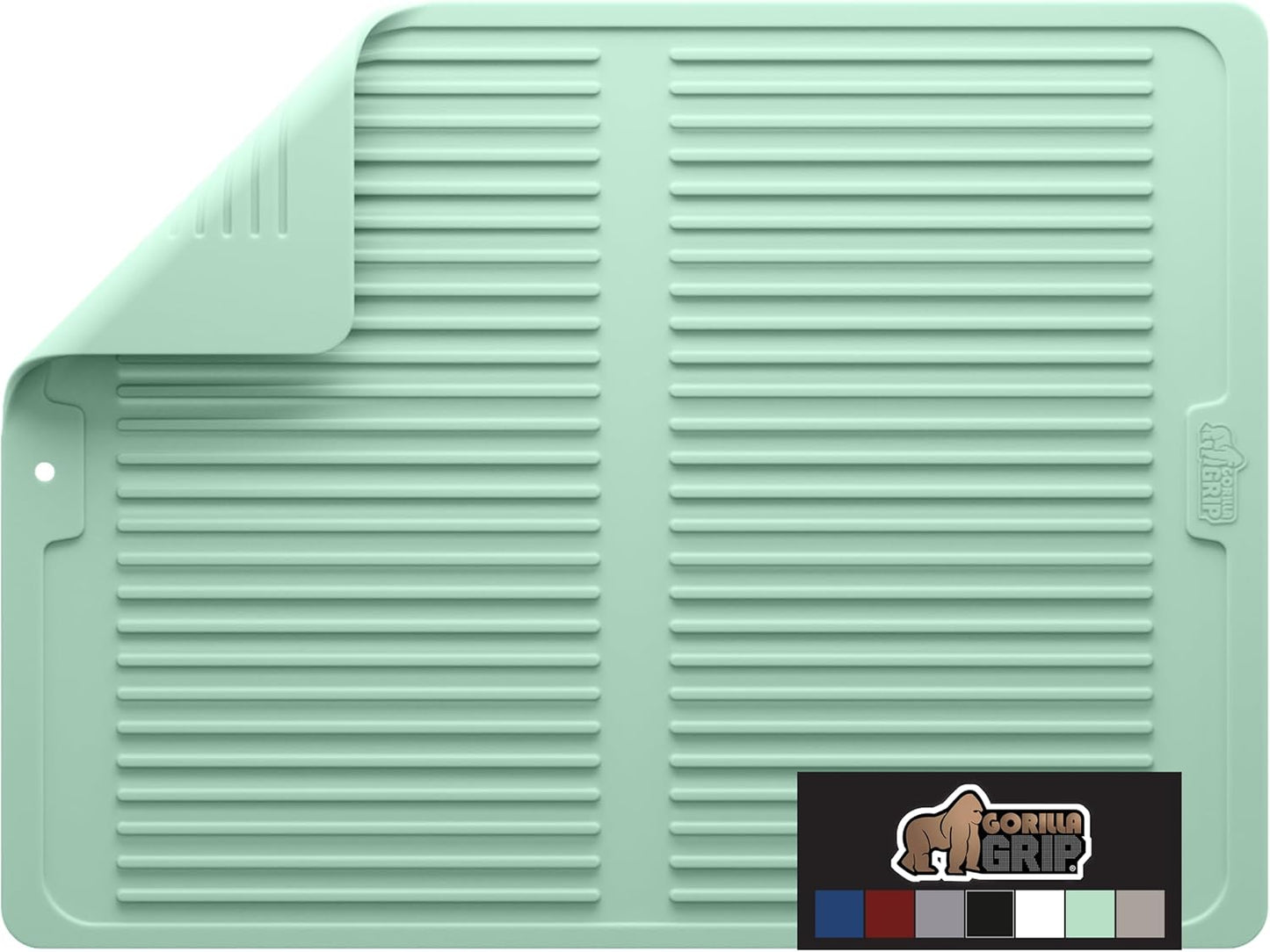 GORILLA GRIP 100% BPA-Free Patented Silicone Dish Drying Mat for Kitchen Counter, 18x16 Inch, Water Catching Ribbed Design, Easy Clean Waterproof Sink Liner, Heat Resistant, Fits Under Rack, Mint