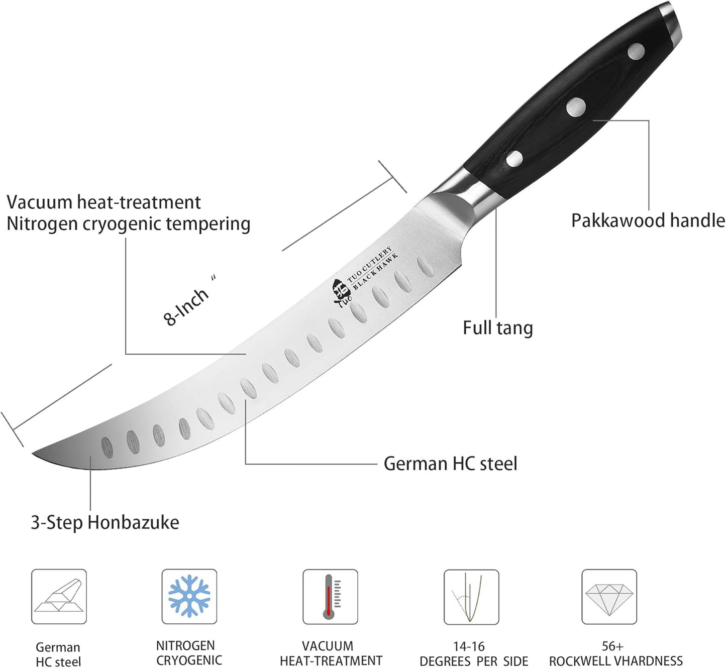 TUO Butcher Knife, 8 inch Meat Cleaver Scimitar Breaking Curved Slicing Carving Knife German HC Steel with Full Tang Pakkawood Handle, Kitchen Knife for Home and Restaurant