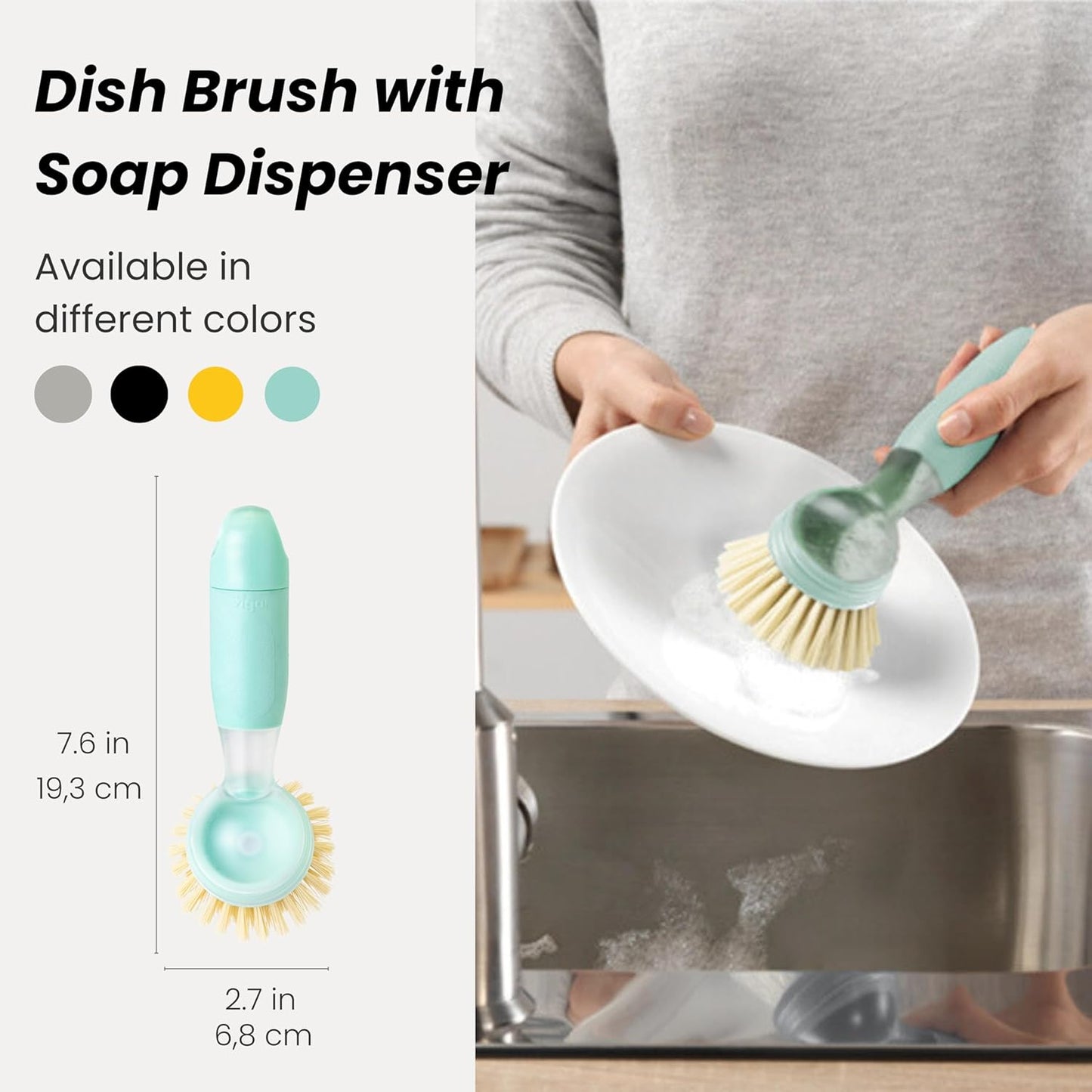 Vigar Rengo Soap Dispensing Dish Brush, Dish Brush with Soap Dispenser for Pot Scrubber, Dishes, Sink Cleaner, and Kitchen Essentials, Turquoise
