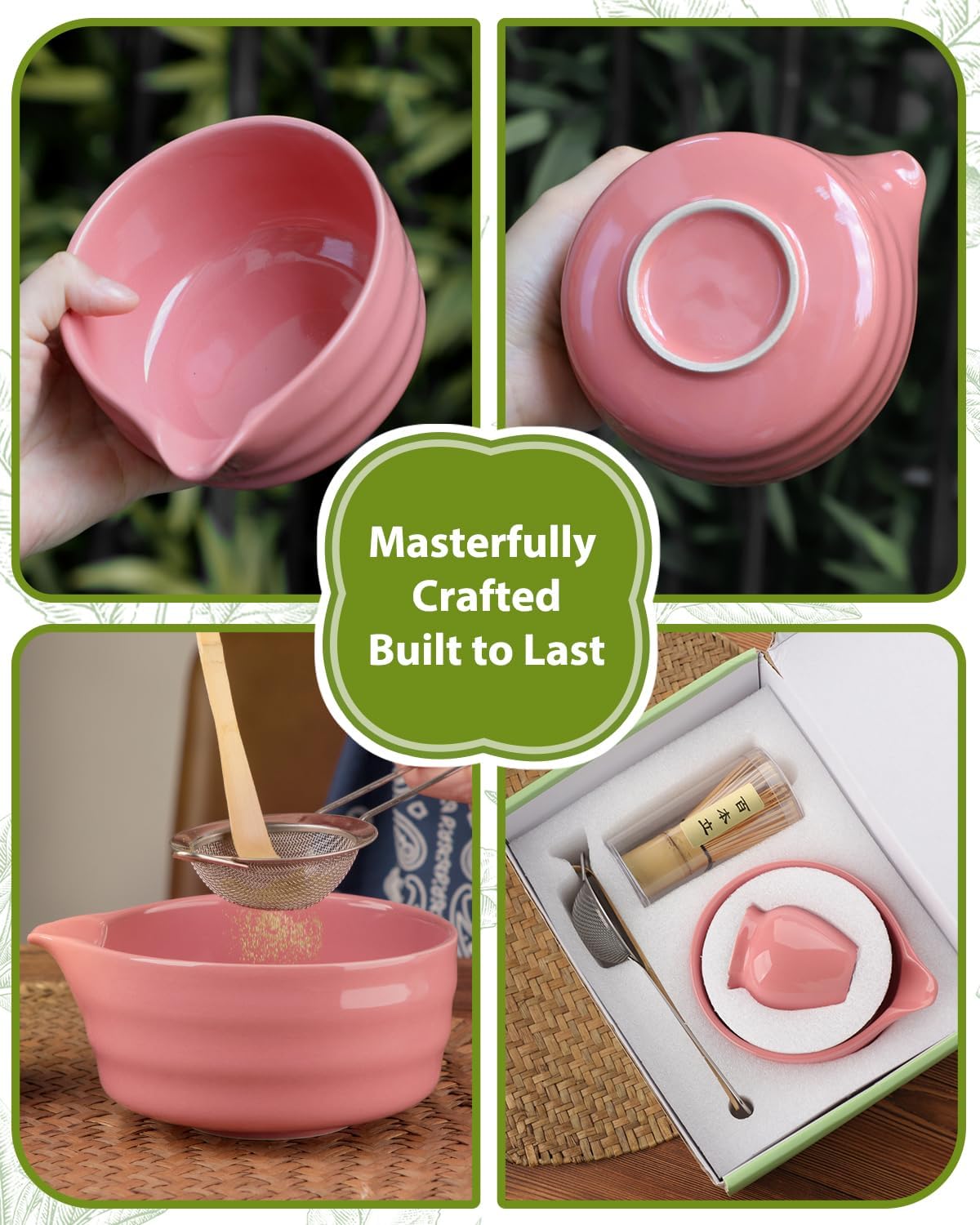 5PCS Matcha Set - 17OZ Ceremonial Bowl with Spout, Bamboo Whisk (Chasen), Stainless Sifter, Scoop & Holder, Matcha Kit for Matcha Lovers, Pink