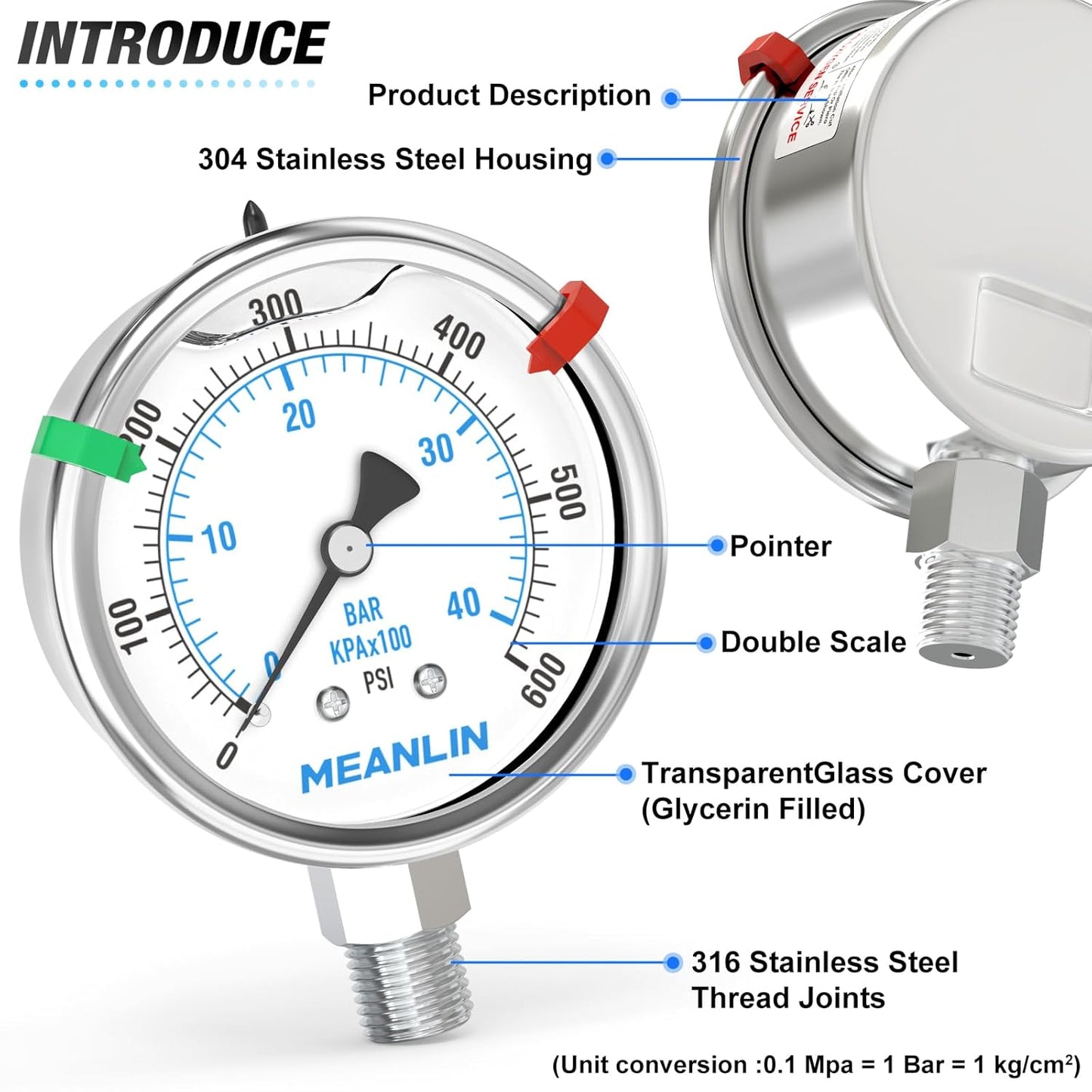 MEANLIN MEASURE 0~600Psi Stainless Steel Liquid Filled Pressure Gauge 2.5" FACE DIAL 1/4" NPT for WOG Water Oil Air Lower Mount with Stainless Steel Hex Bushing and Snaps