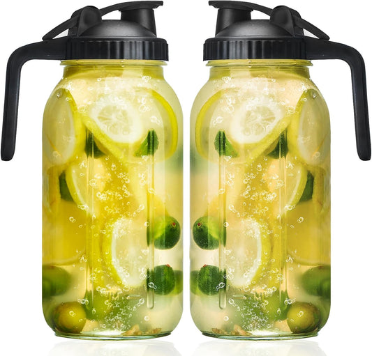 Glass Mason Jars Pitcher 64 Oz Pour Spout Lids & Handle (2 Pack) Wide Mouth Airtight Leak Proof Fridge Breast Milk Pitcher With Top Flip Cap 2 Quart Water Jug For Cold Brew Coffee, Iced Tea,