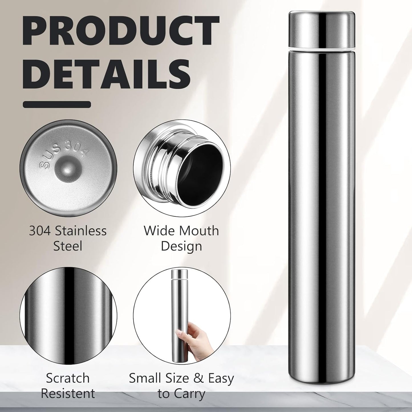 Vesici Slim Water Bottle 8.8 oz Small Stainless Steel Purse Compact Insulated Water Bottles Camping Travel Backpack Pocket Flask for Car Cold Coffee Tea(Silver,2 Pack)