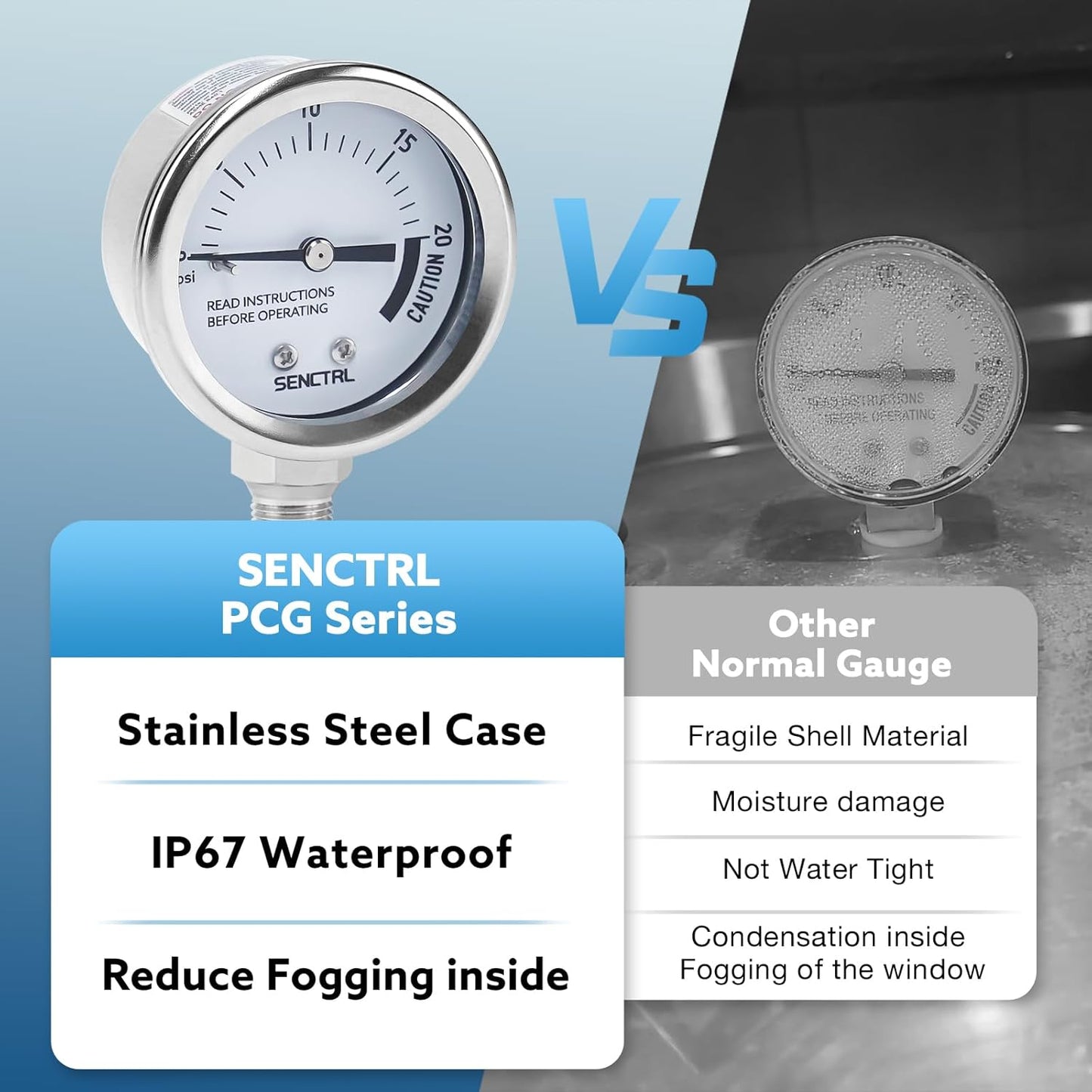 SENCTRL 0-20 Psi Pressure Cooker Canner Gauge Replacement Part, 2" Dial Size, Stainless Steel Case, 1/8" NPT Male Lower Mount, Waterproof, with Silicone Adapter and Nut, for Pressure Cooker Canning