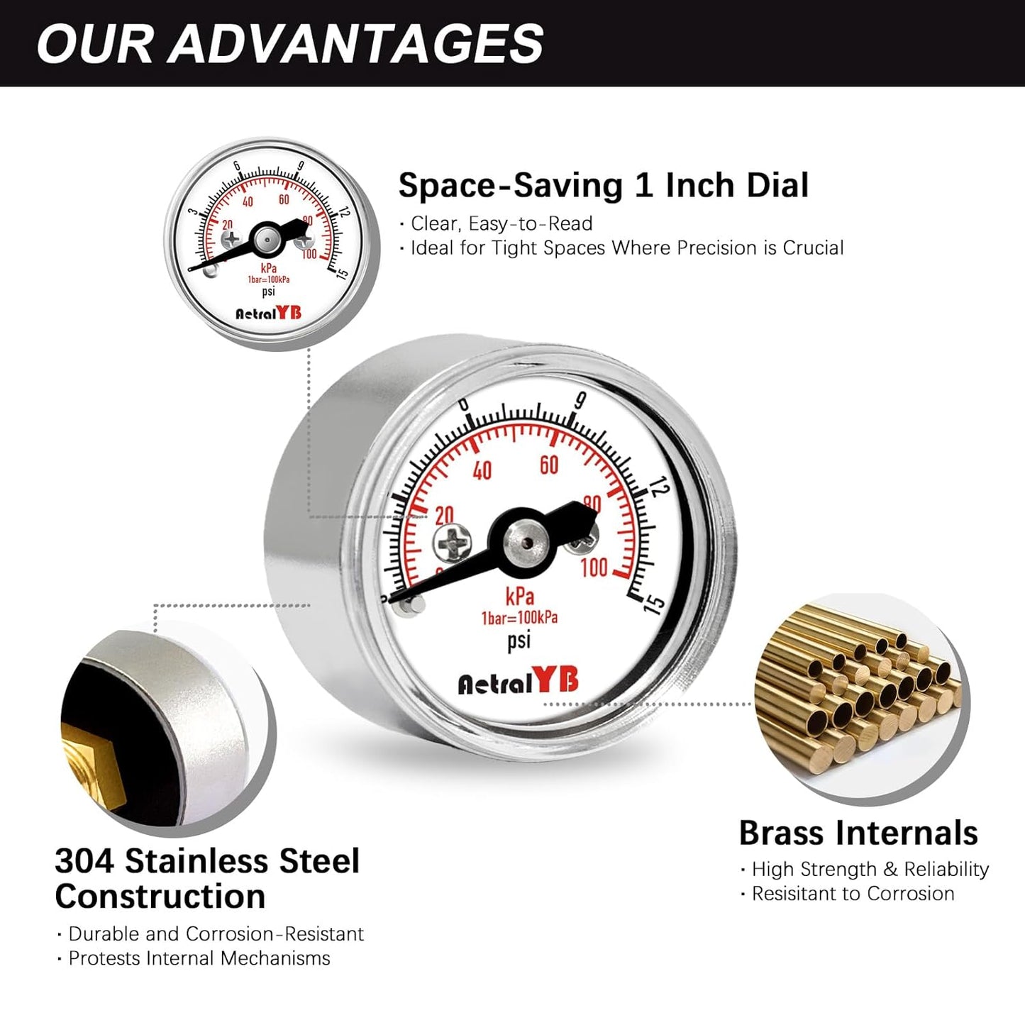 0-15 Psi Pressure Gauge, 1" Dial, 1/8 Npt Back Mount, Mini Air Gauge, 100kPa Air Pressure Gauge, Stainless Steel Case, for Water Pumps, Air Compressors Pressure Test