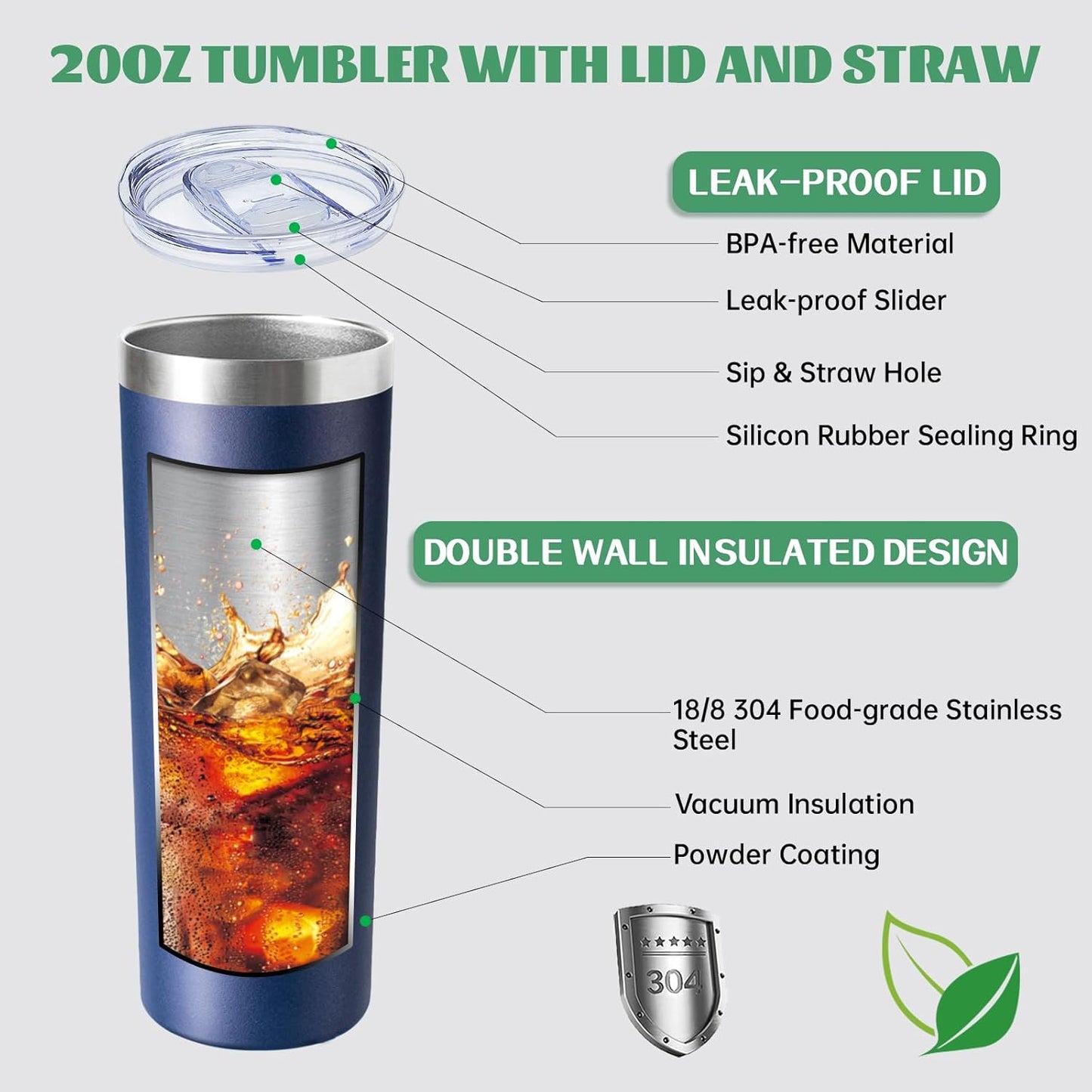 20 oz Skinny Tumbler with Lid and Straw,Stainless Steel Vacuum Insulated Tumbler Cup Double Wall Leak-proof Coffee Mug,Travel Thermal Water Tumbler for Office,Outdoor (Black/White/Navy blue/Grey)