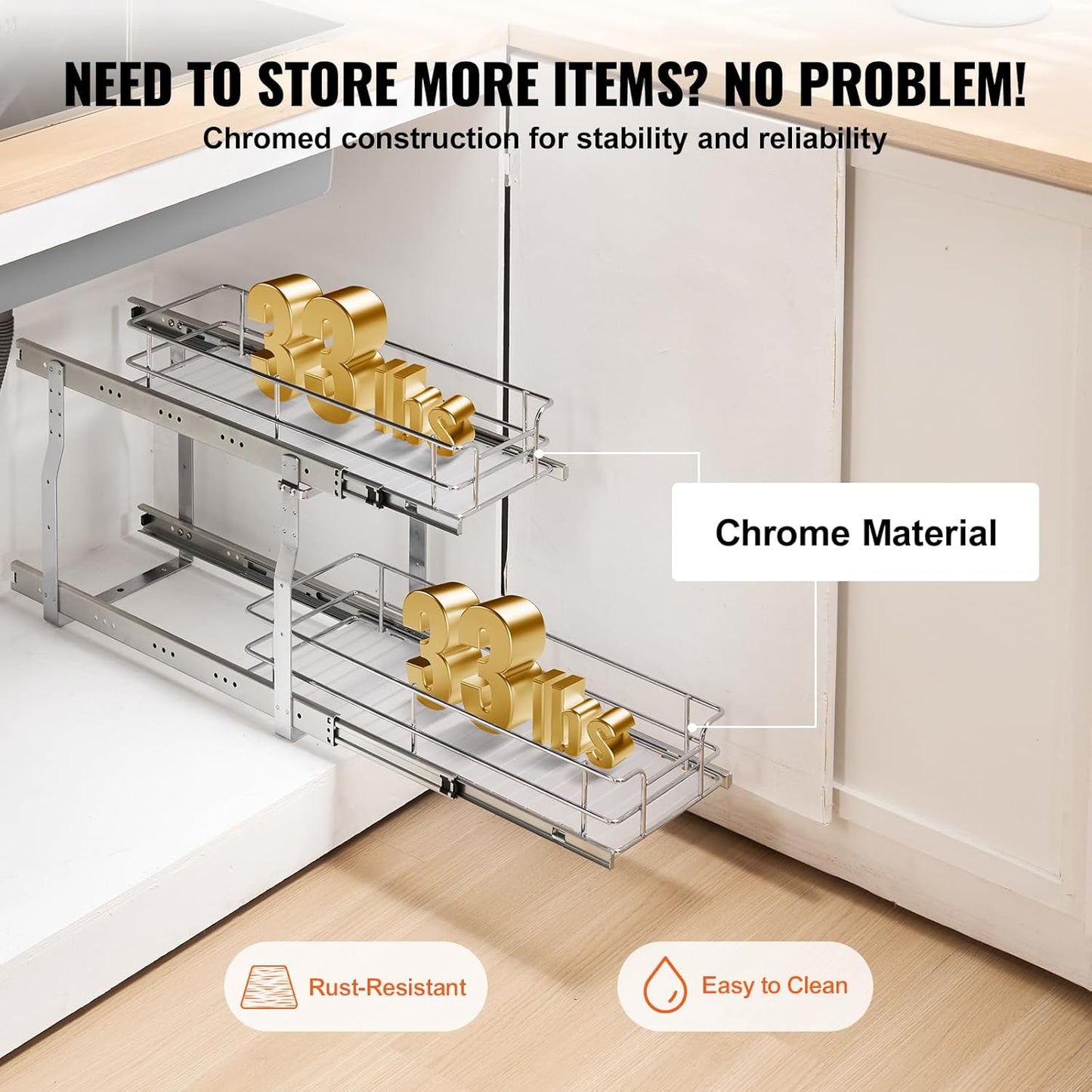 VEVOR Pull Out Cabinet Organizer, 8.5"W x 21"D Heavy Duty Slide Out Pantry Shelves, Chrome-Plated Steel Roll Out Drawers, Sliding Drawer Storage for Home, Inside Kitchen Cabinet, Bathroom, Under Sink