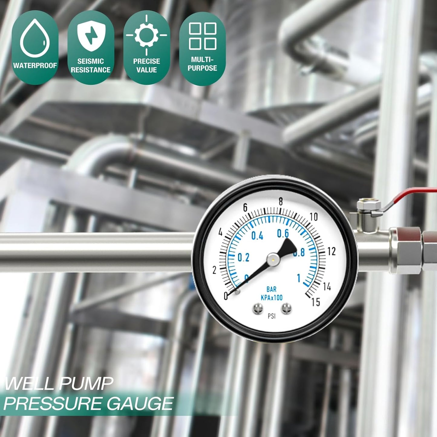 0-15PSI Well Pump Pressure Gauge 2" Dial Size, 1/4" NPT Back Mount, 3-2-3% Accuracy, for Tube, Water Pump, Gas, Liquid, Pressure Test