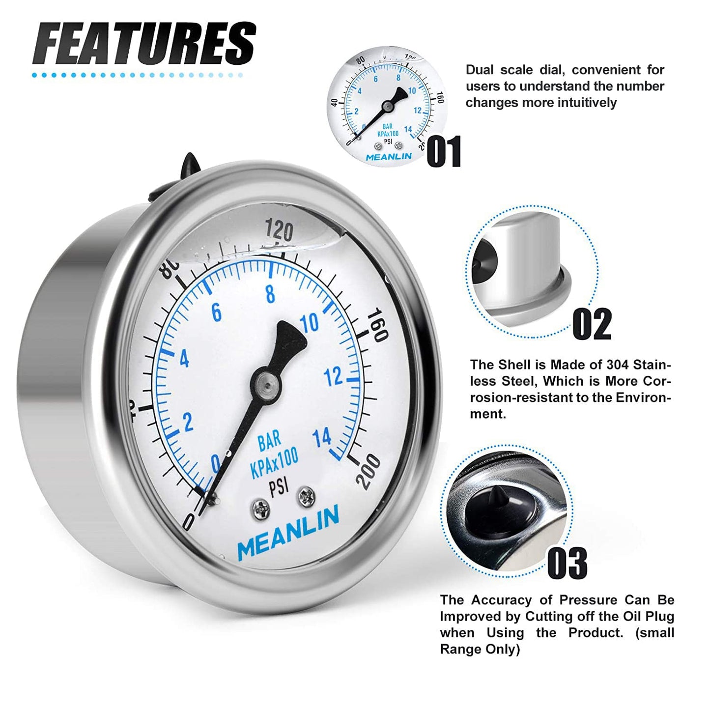 MEANLIN MEASURE 0~200Psi Stainless Steel 1/4" NPT 2.5" FACE DIAL Liquid Filled Pressure Gauge WOG Water Oil Air Center Back Mount, with 1/2" NPT and 3/8" NPT Hex Bushing