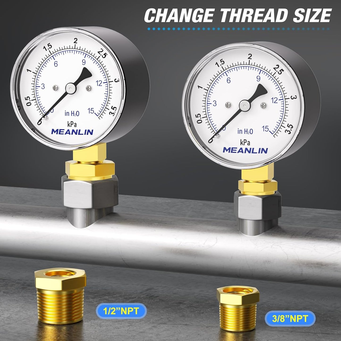 MEANLIN MEASURE 0-15 in H2O Diaphragm Type Capsule Low-Pressure Gauge, Water Column Gauge, 2.6" Dial, 1/4" NPT, Rear Adjustable Knob, with 1/2" NPT and 3/8" NPT Hex Bushing, Lower Mount